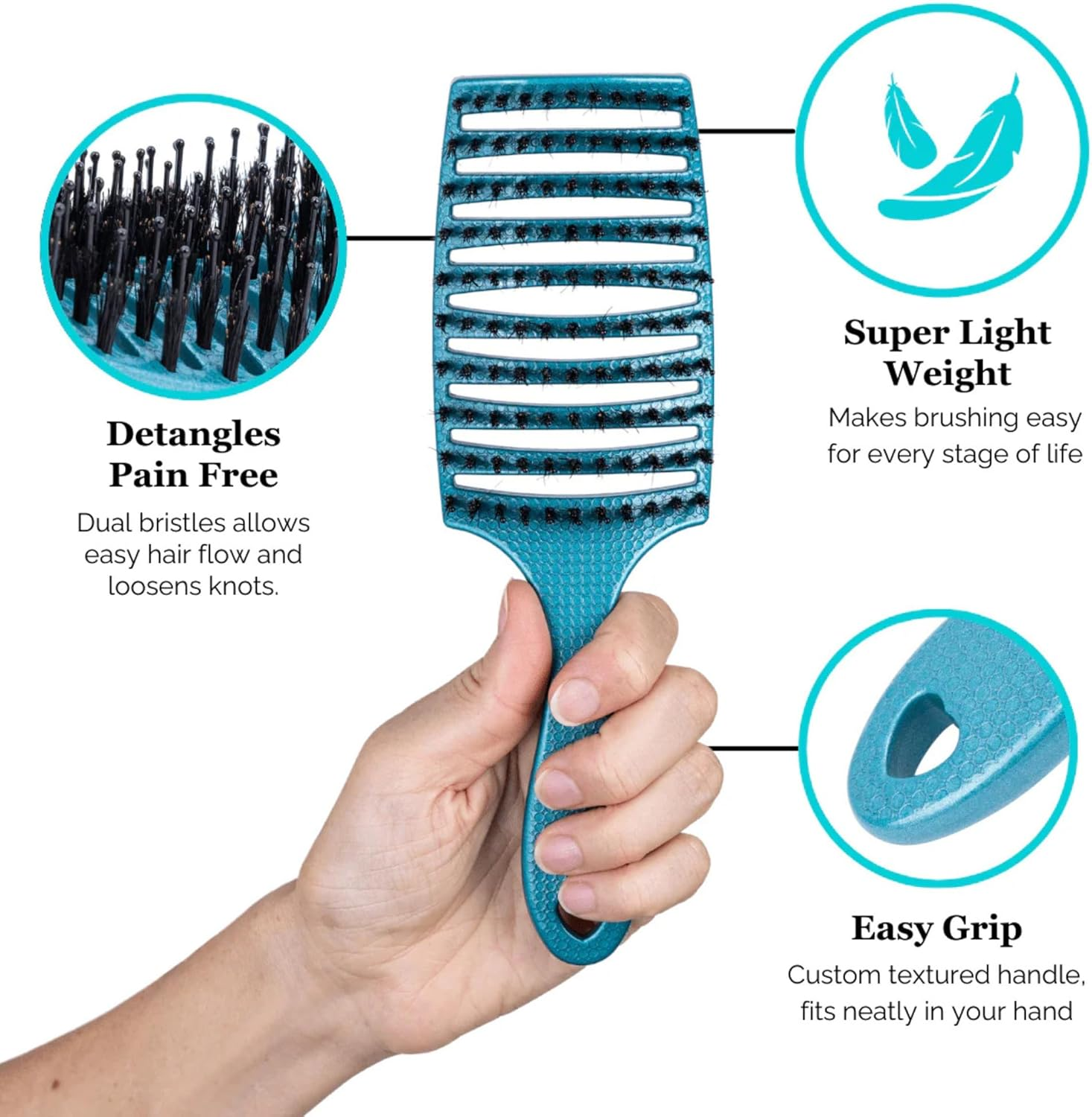 HAPPY HAIR Happy Detangler Paddle Brush with Boar Bristles & Nylon Pins | Designed by Women to Detangle & Smooth Thick, Fine or Curly Hair | Pain-Free Slick Back Brush, Ultra Lightweight (Teal) image number 1