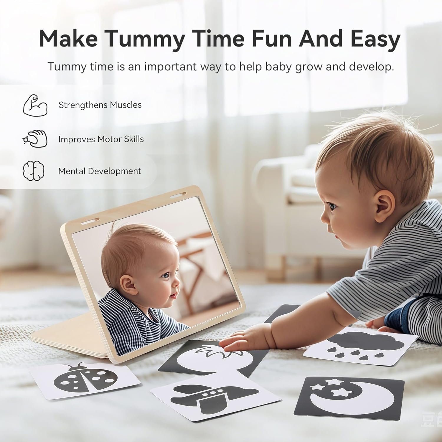 EERKEOD Tummy Time Mirror Large Montessori Tummy Time Toys Baby Safe Mirror and Card Display Stand with Black and White High Contrast Baby Cards Adjustable Angle and Double-Sided Design image number 4