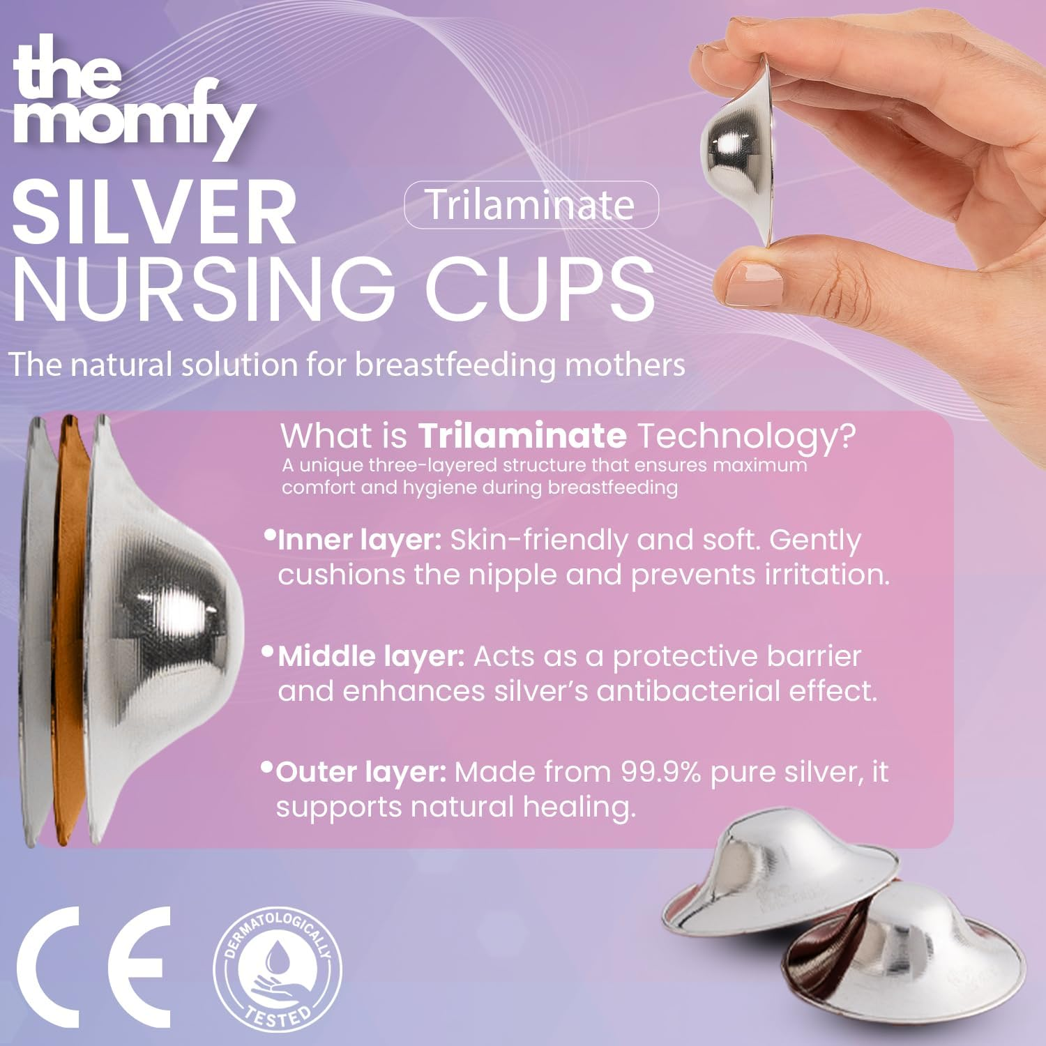 Silver Nursing Cups, Silver Nipple Shields - Trilaminated Protective Breast Shields for Breastfeeding, Dermatologically Tested | Nickel Free | Free Storage Pouch image number 1