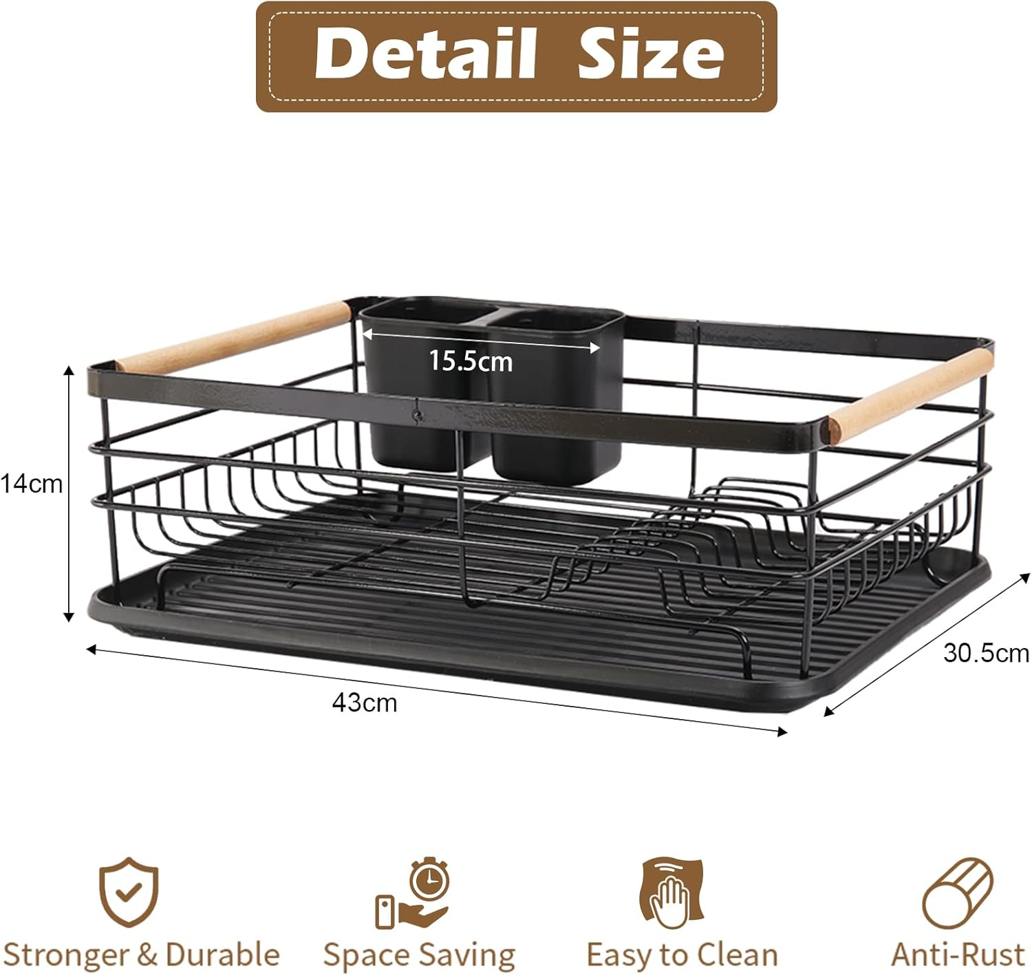 Dish Drainer Rack with Removable Drip Tray, Metal Kitchen Dish Drying Rack Organiser with Wooden Handles, Dish Rack, Dish Drainers, Black, 43 X 30.5 X 14 Cm image number 4