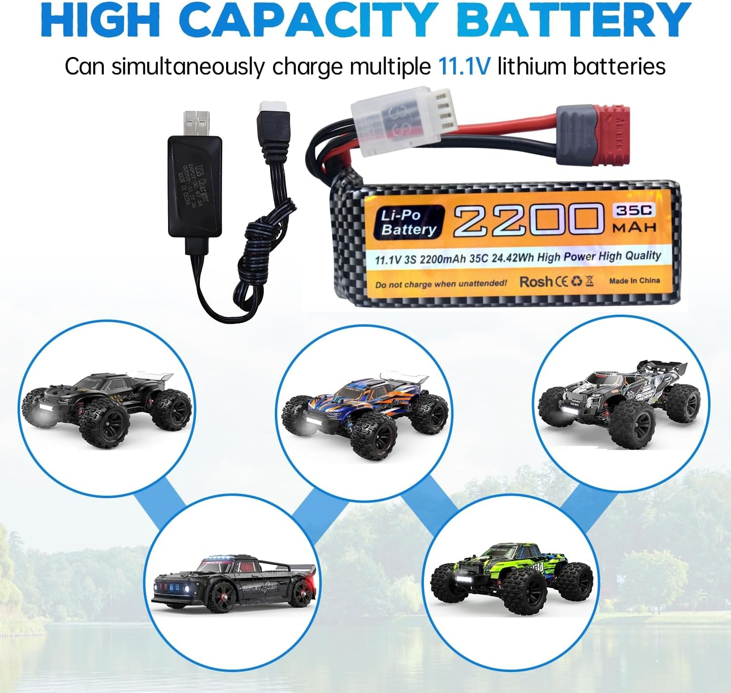 Fytoo 11.1V 2200Mah 35C 3S Lipo Battery with T Plug and USB Charging Cable Suitable for MJX H16P H16E H16GT H16BM H16PL 14301 RC Car High-Speed Drift Model Toy Car Upgrade Battery image number 5