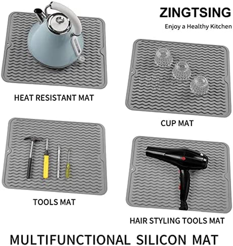 Silicone Dish Drying Mat, Multiple Usage Dish Drying Mat, Easy to Clean,Heat-Resistant Silicone Mat for Kitchen Counter/Sink/Bar/Bottle/Cup (Grey)