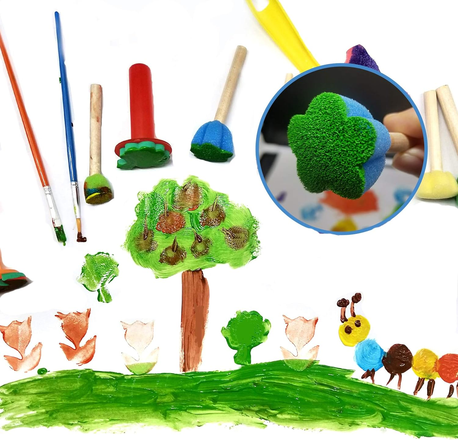 Finger Paint Sponges for Kids,Sponge Painting Brushes Set,Toddler Paint Set,Paint Set for Kids 6-12 Include Foam Brushes,Paint Roller Kit,Palette,Flower Pattern Brush,Brush Set. image number 3