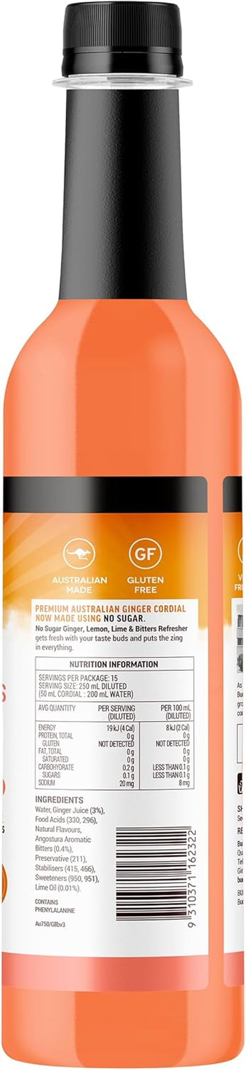 Buderim Ginger Lemon Lime Bitters NO SUGAR Cordial &ndash; Makes 15 Drinks, 750 Ml Bottle, Delicious and Refreshing!