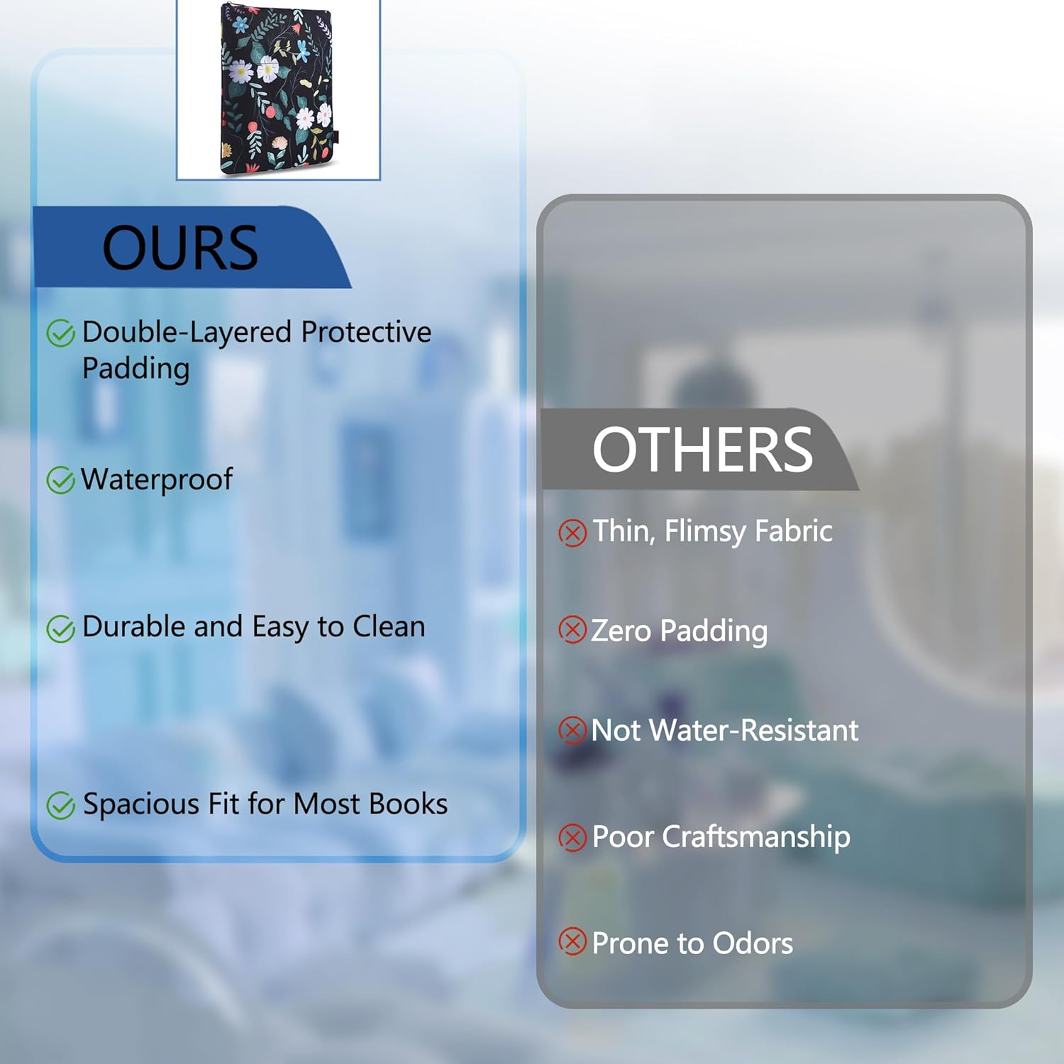 Book Sleeve Black Floral Book Protector, Book Covers for Paperbacks, Washable Fabric, Book Sleeves with Zipper, Medium 11 Inch X 8.7 Inch Book Lover Gifts image number 1