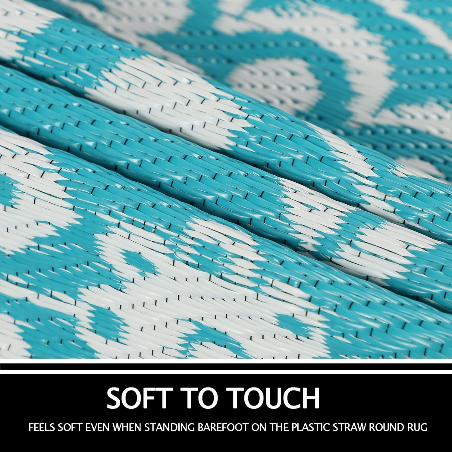 Capslpad round Outdoor Rug for Patio 150Cm Boho Reversible RV Mat Waterproof Outdoor Plastic Straw RV Camping Rug outside Circle Area Rug for Porch Deck Terrace Picnic Beach Apartment Pool Decor,Teal image number 3