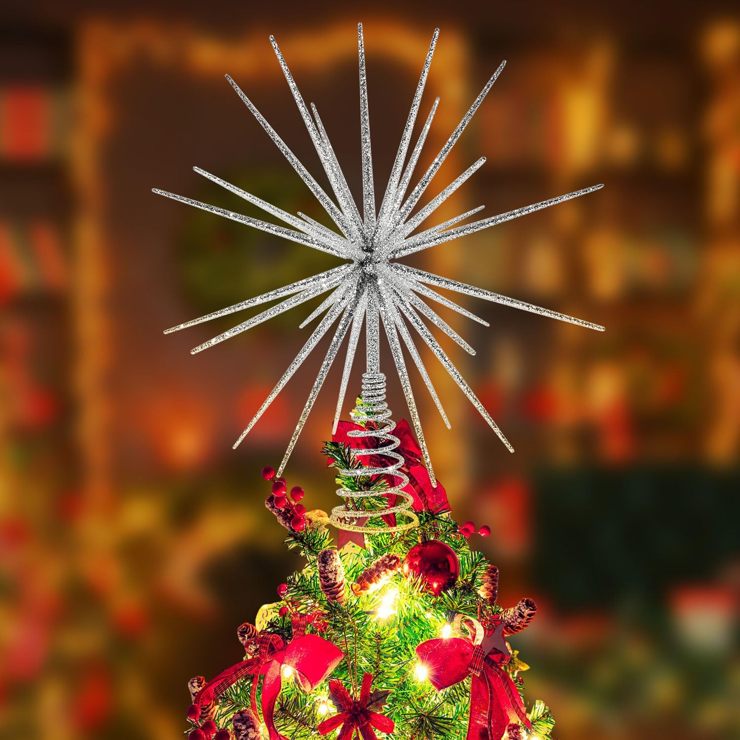 13.7 Inch Silver Christmas Tree Topper - 3D Burst Silver Tree Topper, Exploding Star Christmas Tree Decorations - Black image number 2