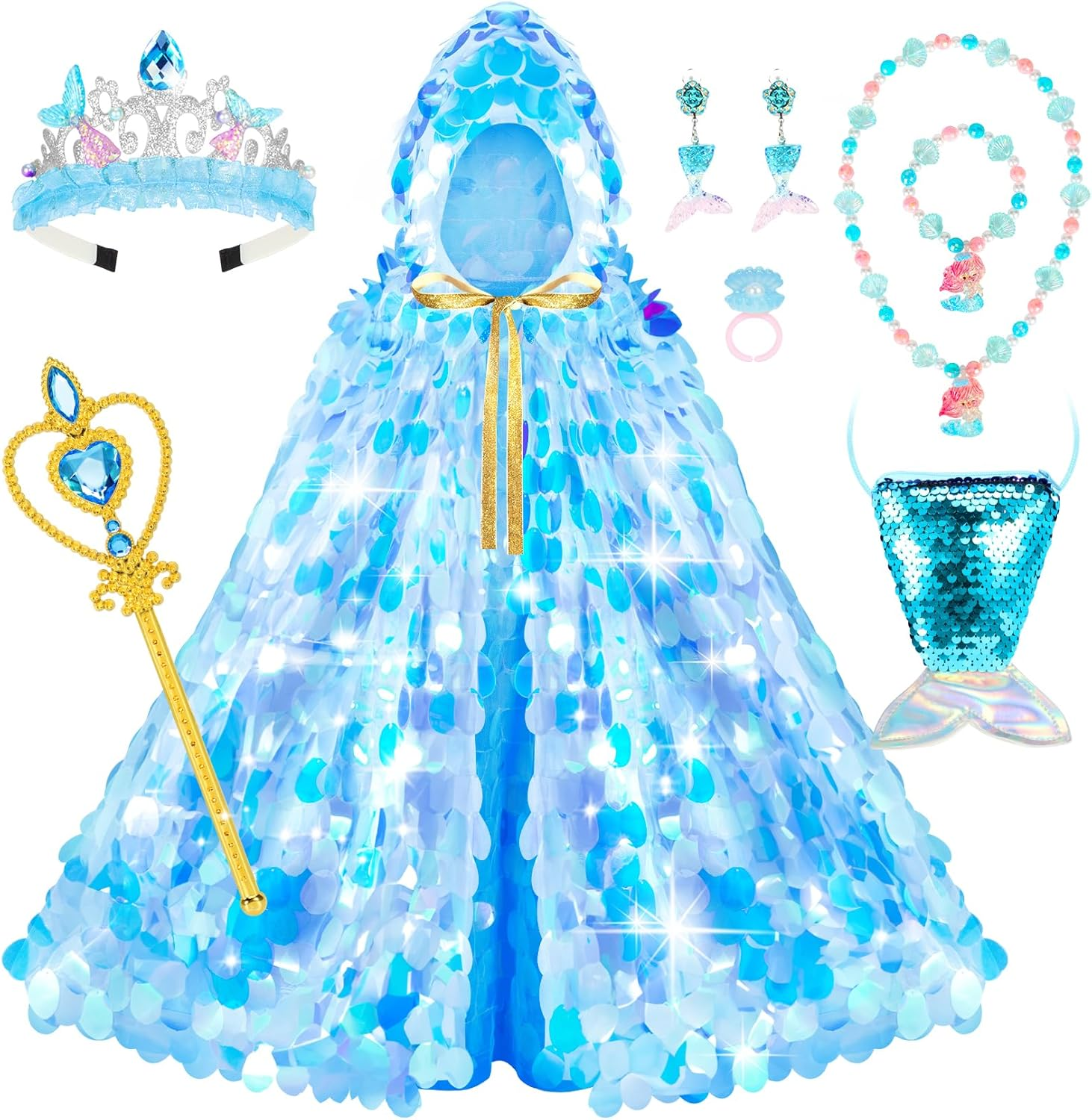 Princess Dress up Toys Princess Dress up Clothes Rainbow Mermaid Cape Kit 9 Pcs Gift Set for Little Girls 3-8 Years Old (Blue)