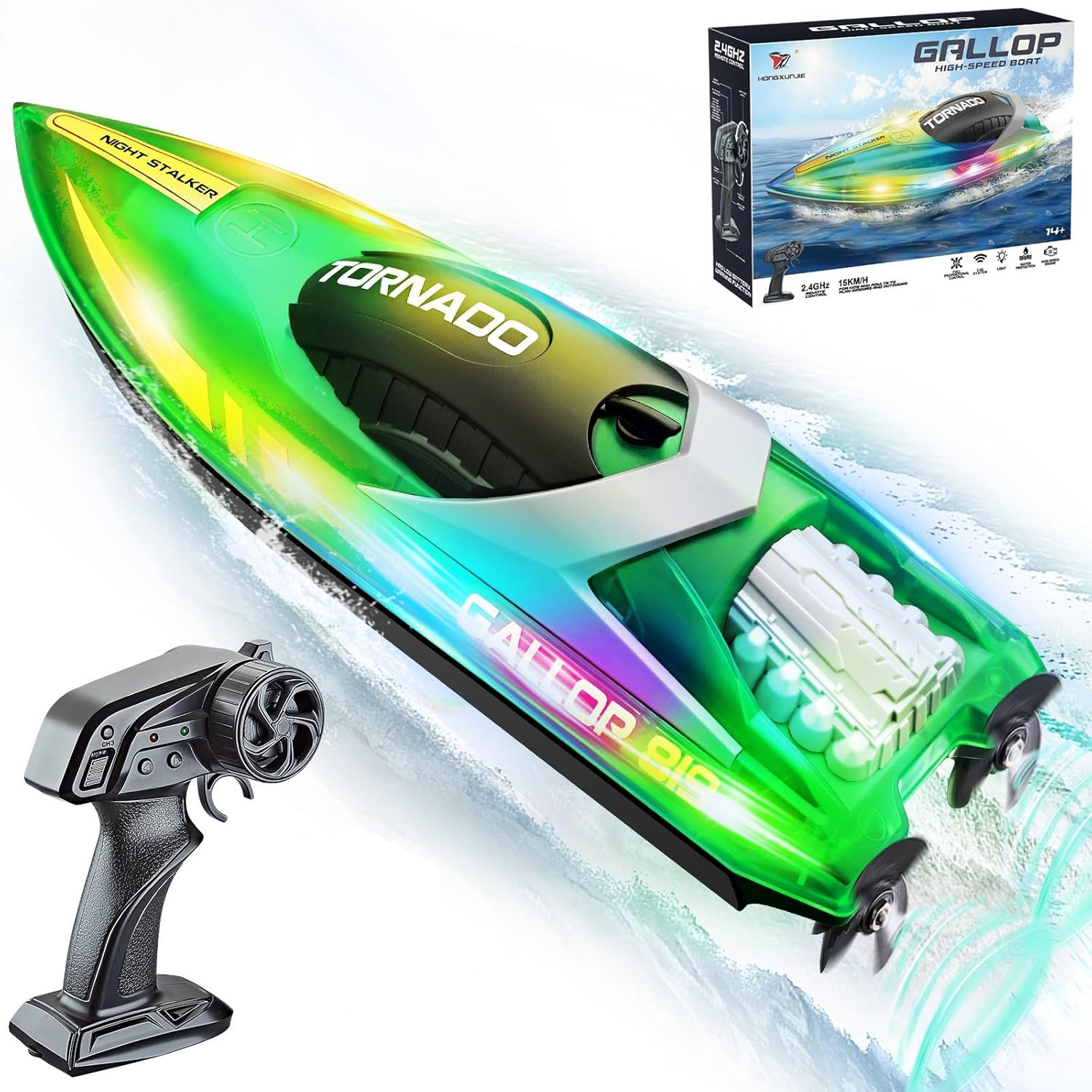 OSWIN Remote Control Boat 15+ MPH Fast RC Boat for Pool & Lake, HJ819 Remote Control Boat with LED Lights RC Speed Boat 2.4Ghz Race Boats for Adults & Kid, Pool Toys(Green) image number 3