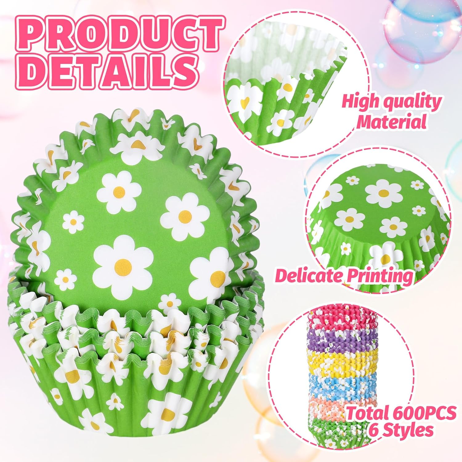 Whaline 600Pcs Colorful Daisy Flower Cupcake Liners Spring Rainbow Color Cupcake Wrappers Baking Cup Boho Groovy Hippie Party Muffin Liners for Spring Summer Baby Shower Wedding Birthday Party image number 1