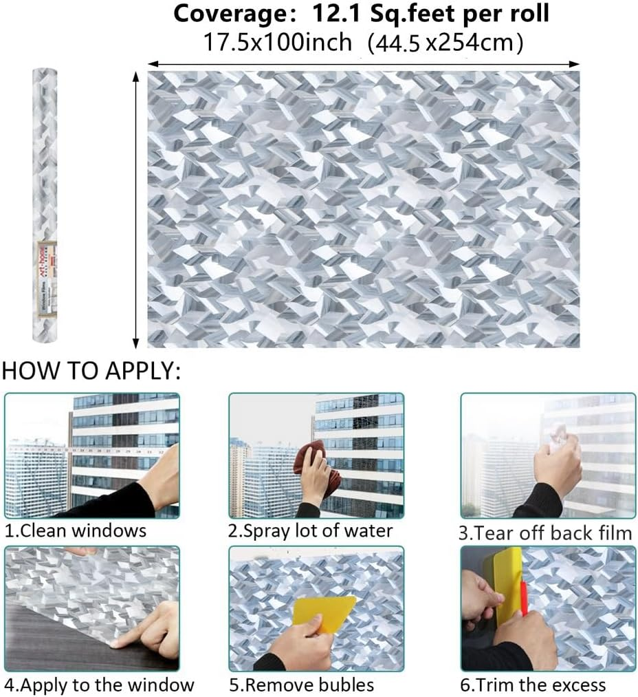 Arthome Privacy Window Film,45X254Cm 3D Crystal Window Tint,Refraction Glass Film,No Glue Remoable Static Cling Anti-Uv Window Sticker Self-Adhesive Vinyl Window Covering for Home Office Decor&hellip;