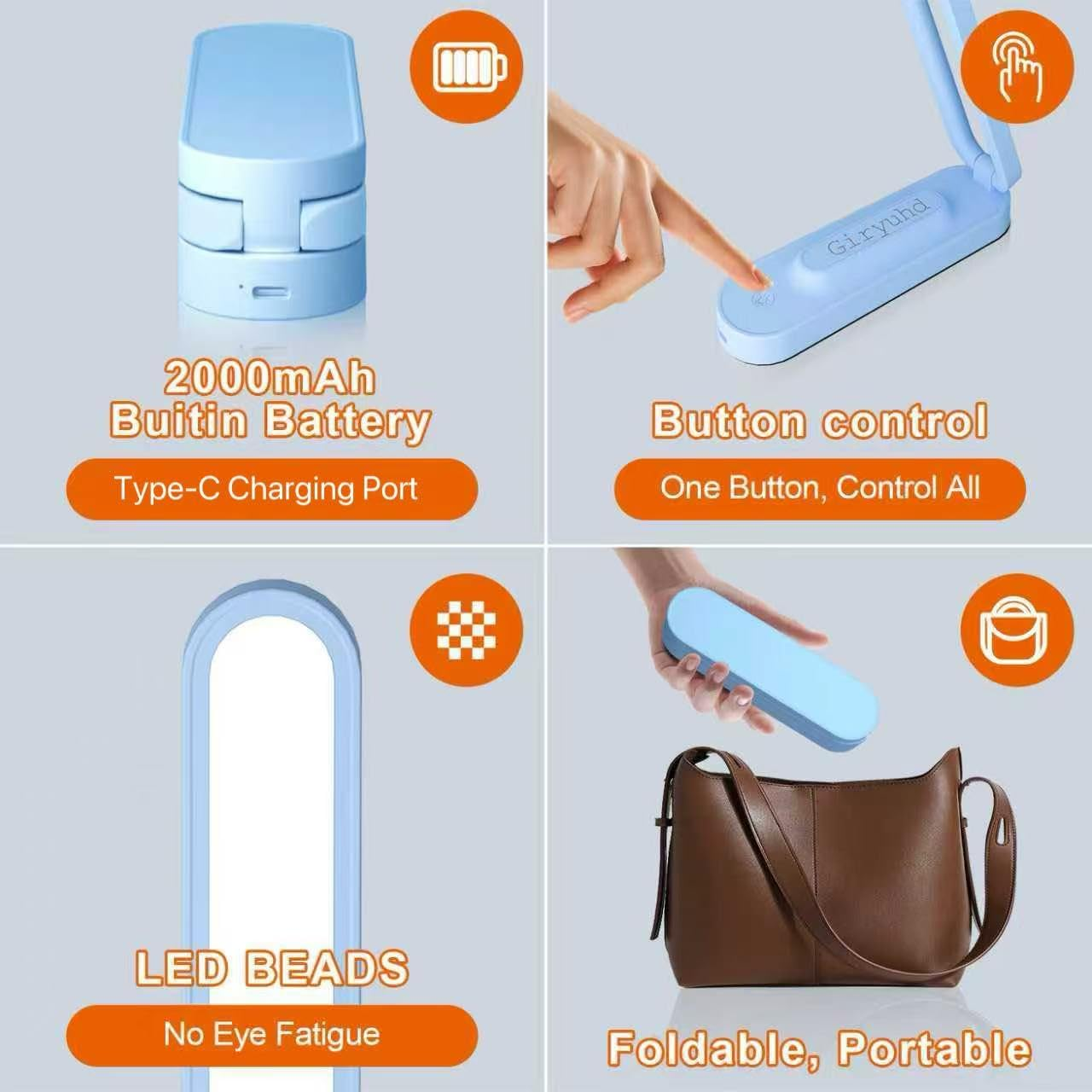 LED Desk Lamp for Office Home & Battery Operated Lamp Rechargeable Lamp Foldable & Portable Light, LED Desk Light Strip, 3 Brightness Dimmable Small Desk Lamp Wireless Reading Lamp - Purple image number 2