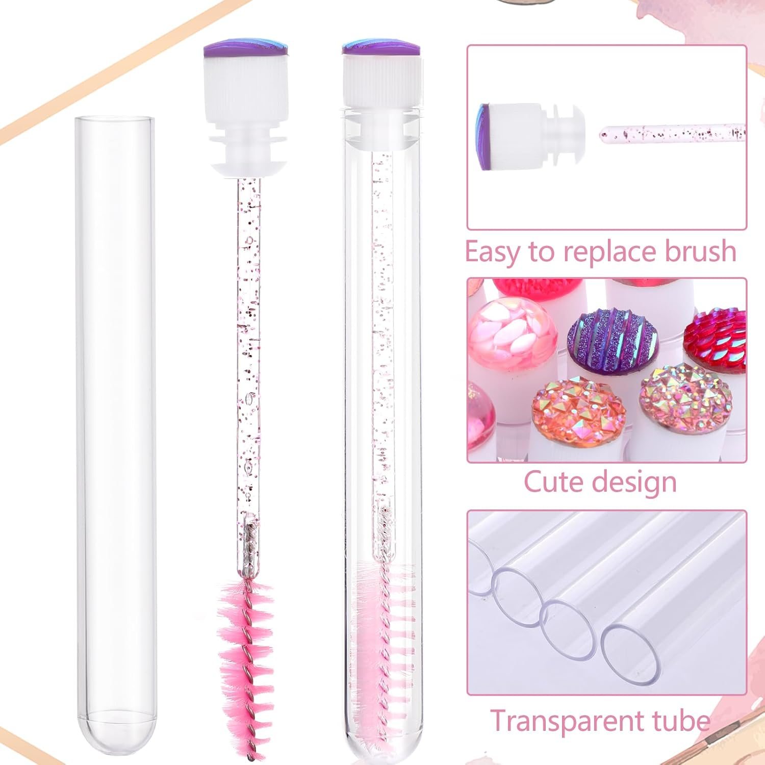 Disposable Mascara Wands Tube Set 10Pcs Shiny Diamond Lash Brush Eyelash Spoolies with Tube Mascara Wands Makeup Tool for Eyelash Extensions(Pink) image number 2