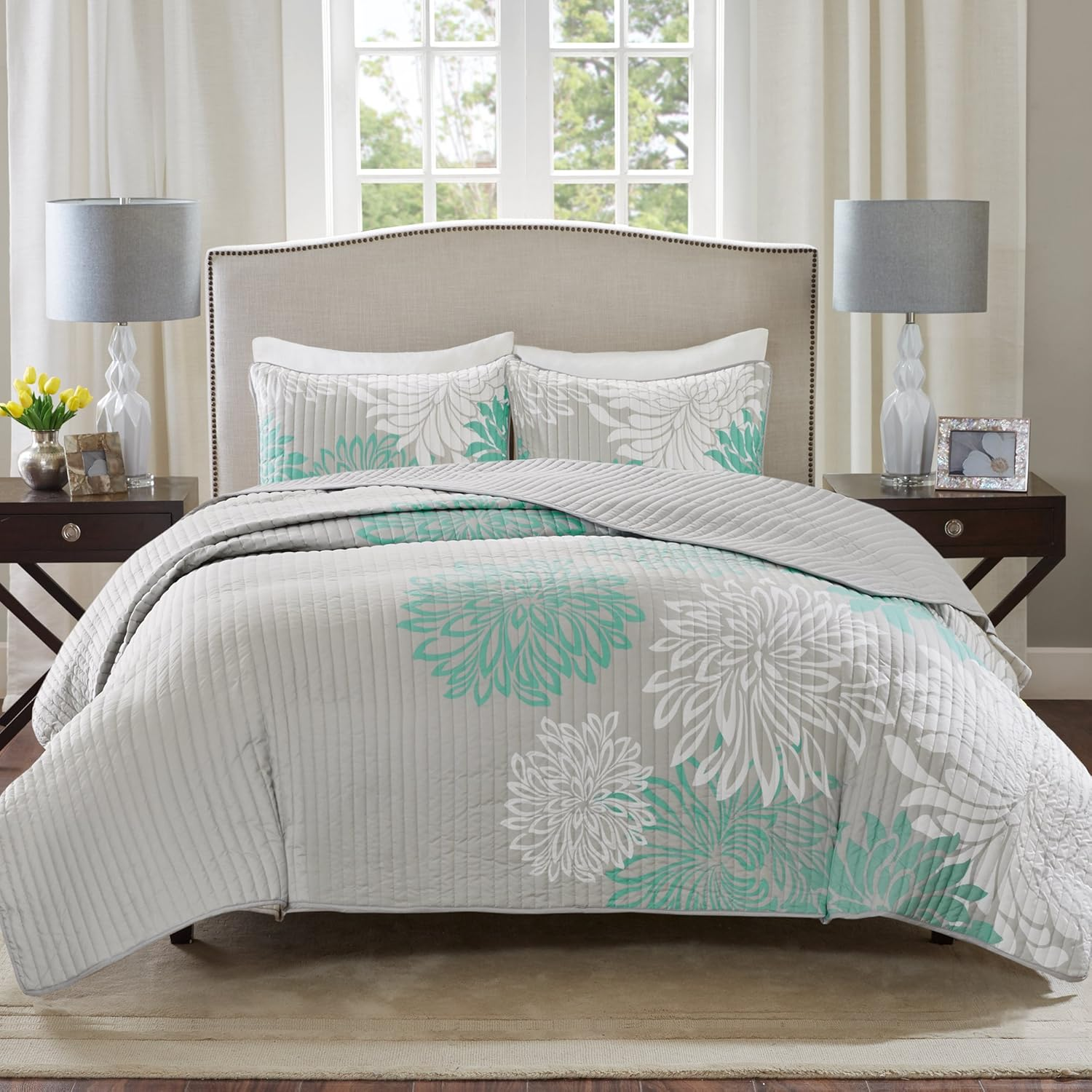 Comfort Spaces Enya Quilt Set - Casual Floral Print Channel Stitching Design, All Season, Lightweight Coverlet, Cozy Bedding, Matching Shams, Decorative Pillows, Full/Queen(90"X90"), Aqua 3 Piece