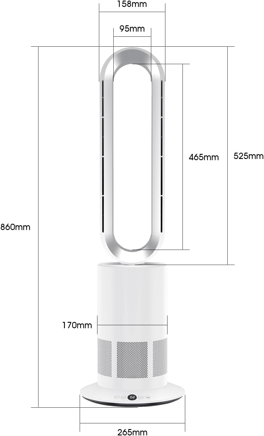 ANGELO Electric Bladeless Heat & Nature-Cool Air Floor Fan Timer Remote Touch Control Oscillation Tilt Fan 10 Wind Speeds LED Touch Control (White)