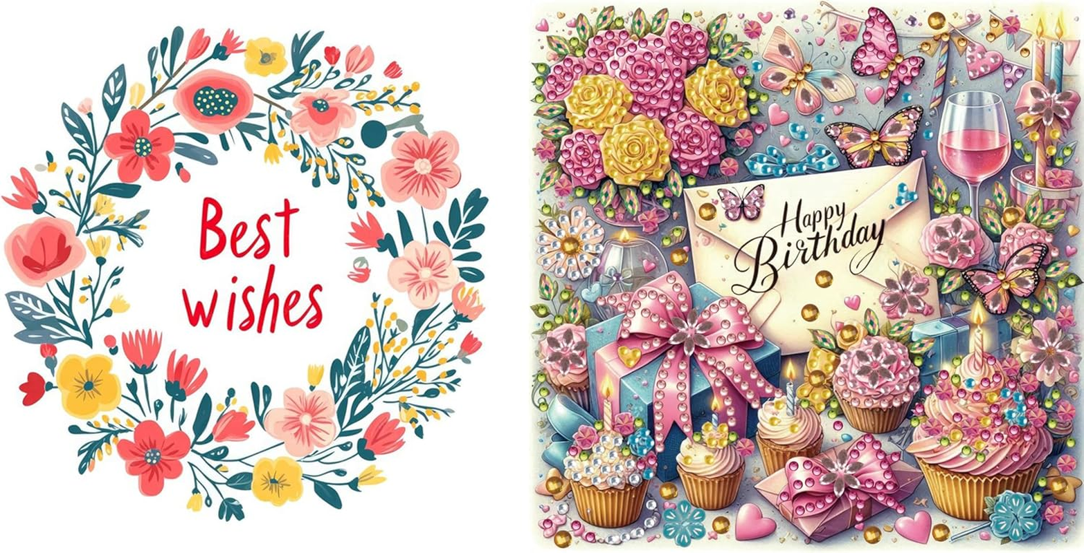 Awesocrafts 6Pcs Diamond Art Christmas Cards Kits Happy Birthday, Anniversary DIY Diamond Painting Cards Sets, 5D Crystal Art Card with Envelopes, Postcards for Handmade, Xmas 30 * 15Cm (Happy)