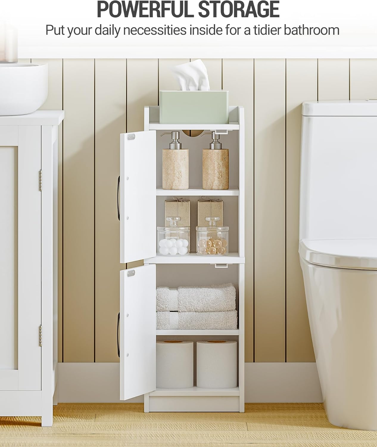 Hzuaneri Bathroom Storage Cabinet, Small Corner Floor Cabinet with Door and Shelves, Narrow Bathroom Organizer and Paper Storage with Adjustable Shelves, for Small Spaces, White BC27113X image number 2