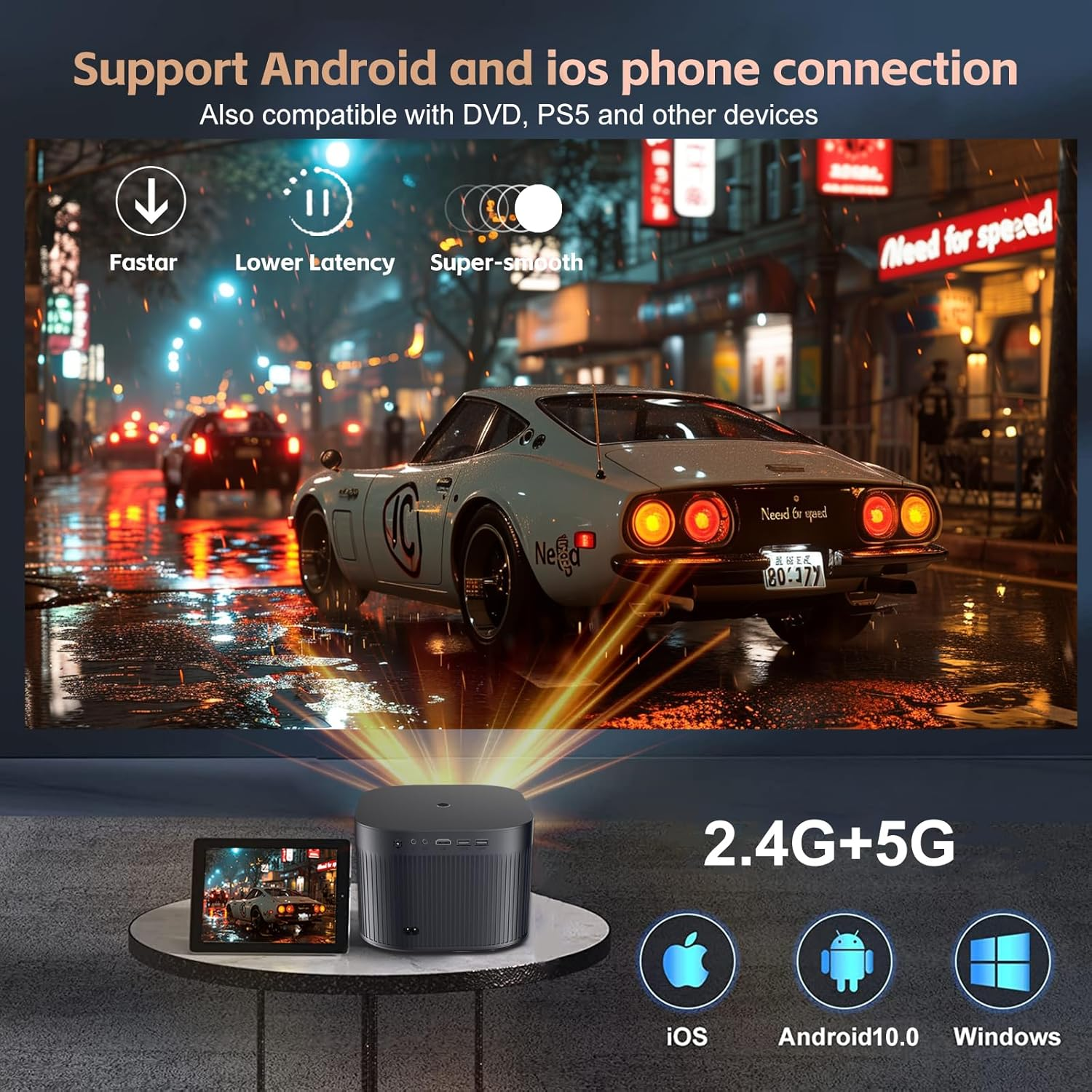 Projector [Android10.0/Latest Upgrade Auto Focus] 4K Projectors with 2.4G/5G Dual Wifi and BT5.3,20000 LUX Native 1080P Full HD Video Projectors,4D/4P Keystone Correction for Homes image number 5