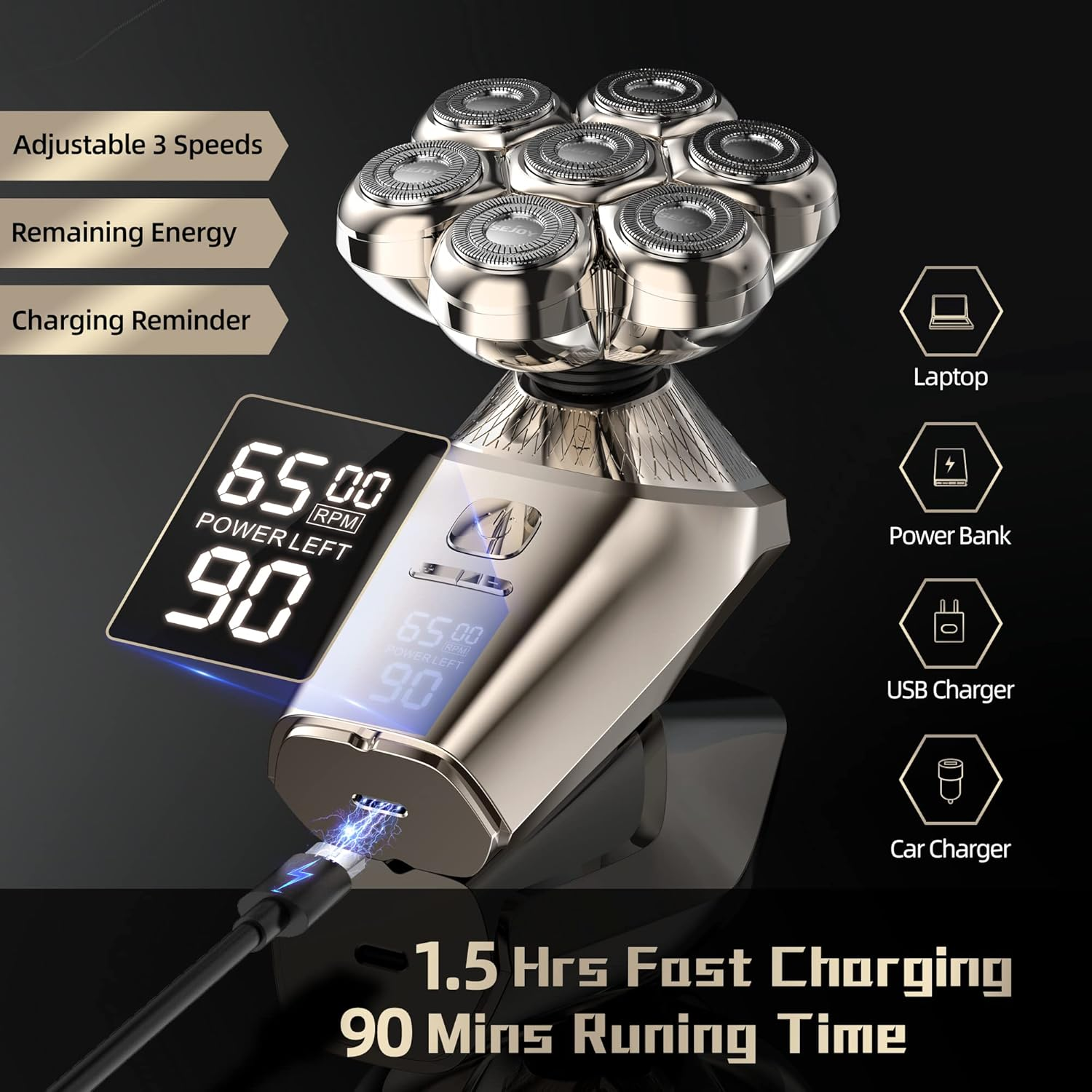Head Shaver for Bald Men Electric Razor for Men 5-In-1 Multifunctional Electric Head Shaver Wet/Dry 7D Rotary Shaver Grooming Kit Rechargeable LED Display with Clippers, Nose Trimmer, Brush, Massager image number 5