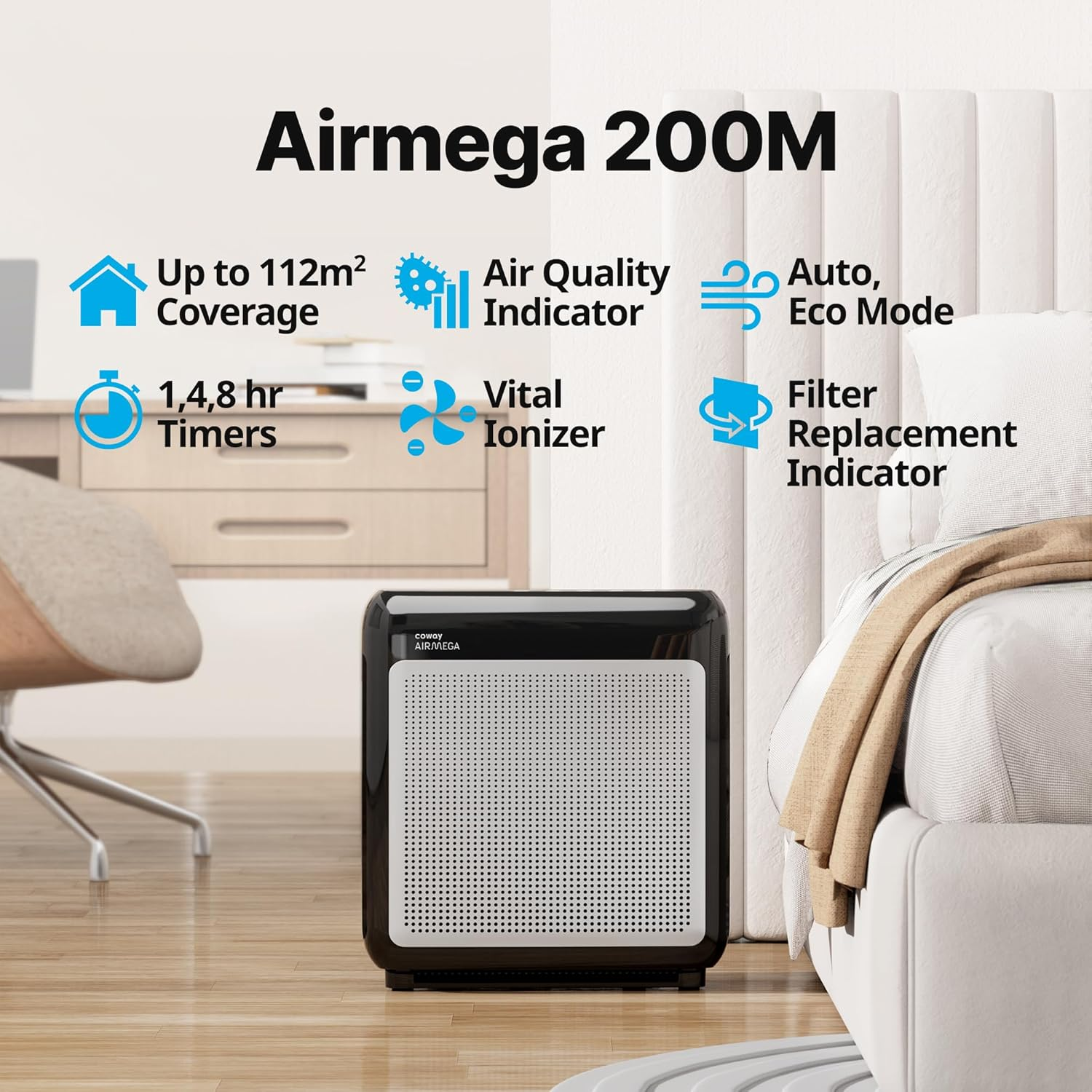 Coway Air Purifier for the Home - Airmega 200M (Black) - 3-Stage Filtration with True HEPA, Auto & Eco Modes, Real-Time Air Quality Monitor, Ideal for Large Rooms up to 112M&sup2; - Black image number 6