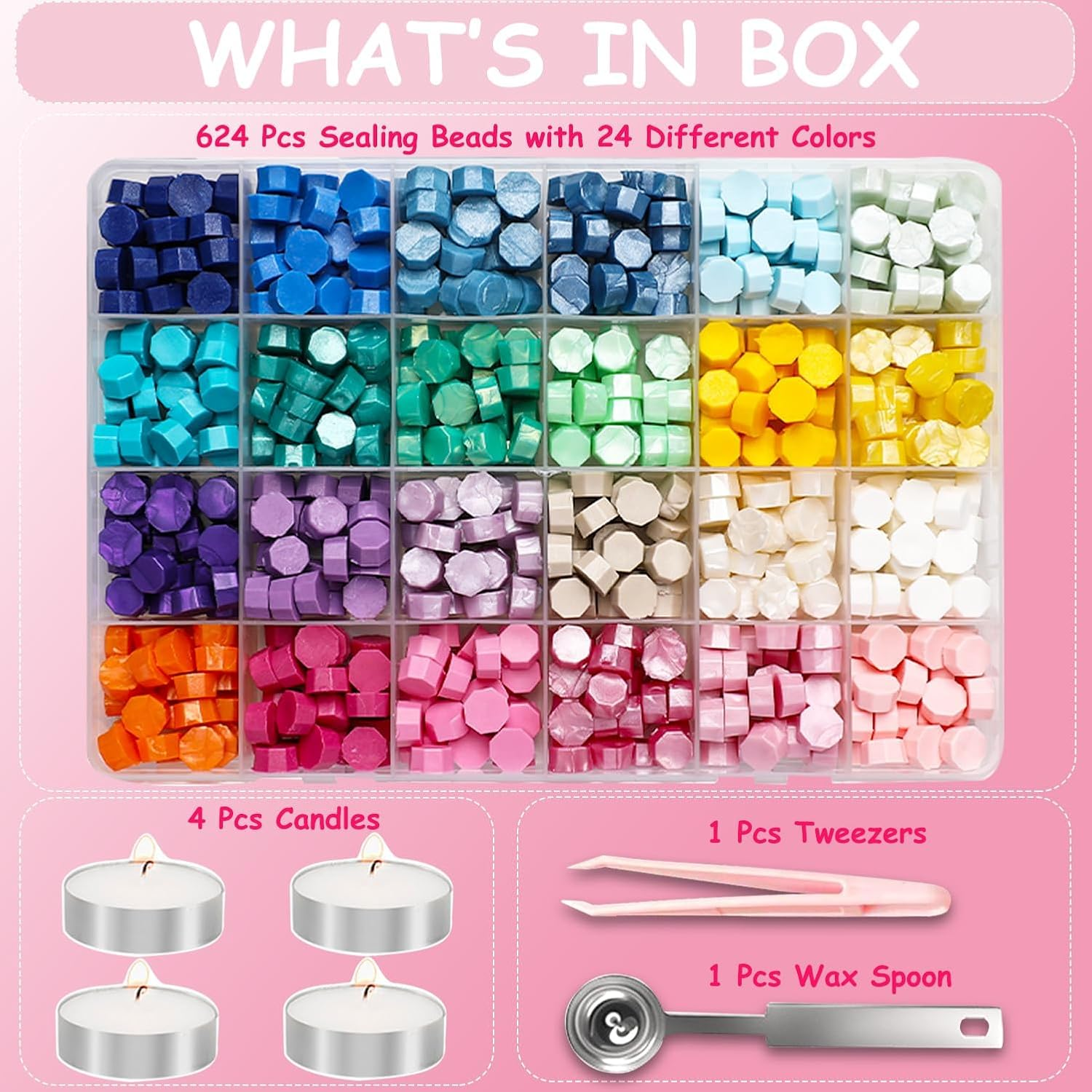 630PCS Sealing Wax Beads Set, 24 Color Beads with Wax Spoon, Tea Candles, Tweezer for Envelope Seals, Invitations, Letters, and DIY Crafts (#01) - 01 image number 2