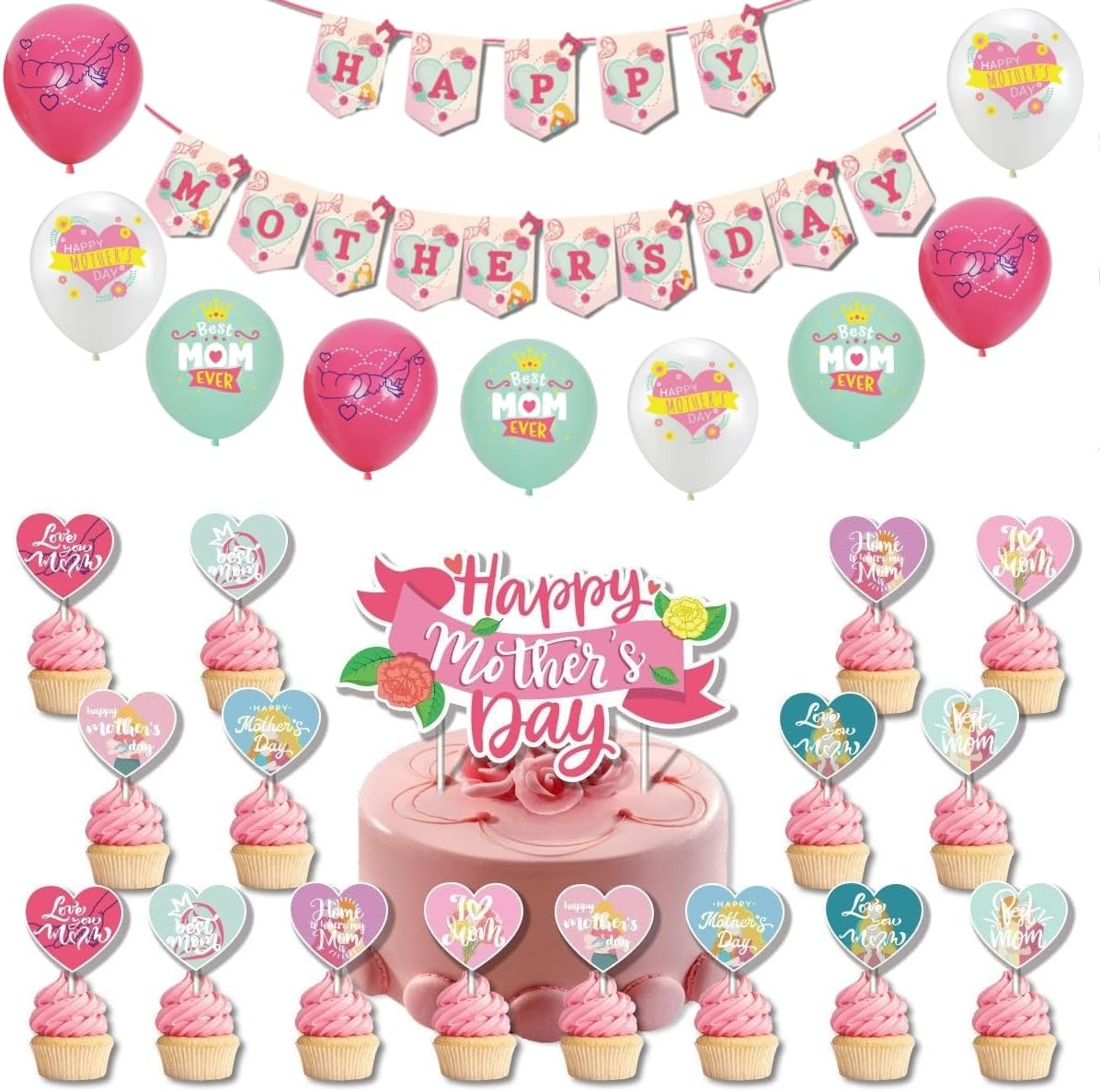 Mother'S Day Party Decoration Set - Banner, Spiral Hangings, Balloons, Cake Topper - Happy Mothers Day Best Mom Ever Theme (Pink Style-23Pcs)