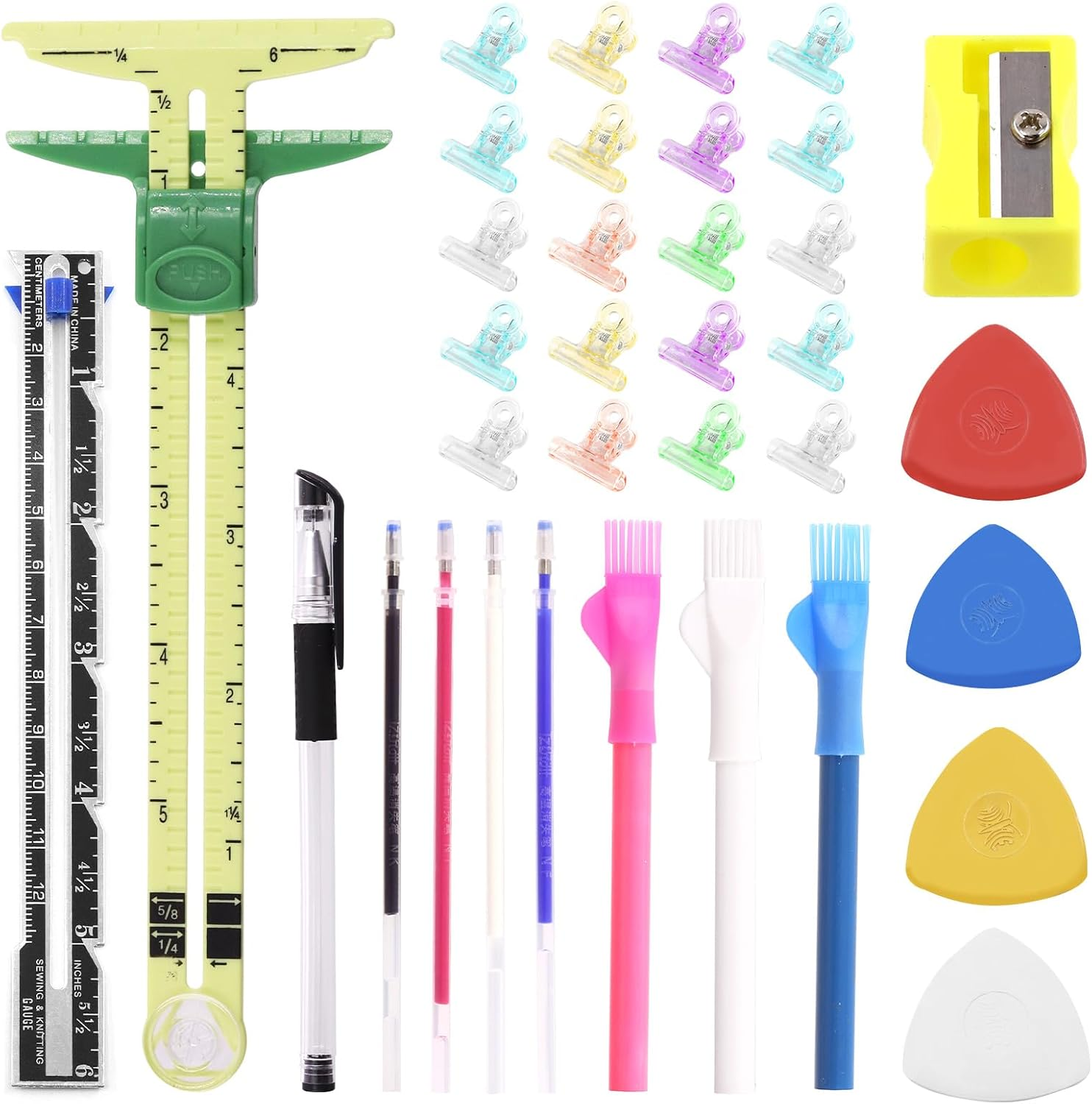 Swpeet 48Pcs Sewing Tools Kit, Tailors Chalk, Sewing Fabric Chalk, Sewing Fabric Pencils, 5-In-1 Sliding Gauge Measuring Sewing Ruler Tool, Heat Erasable Fabric Marking Pens with 4 Refills