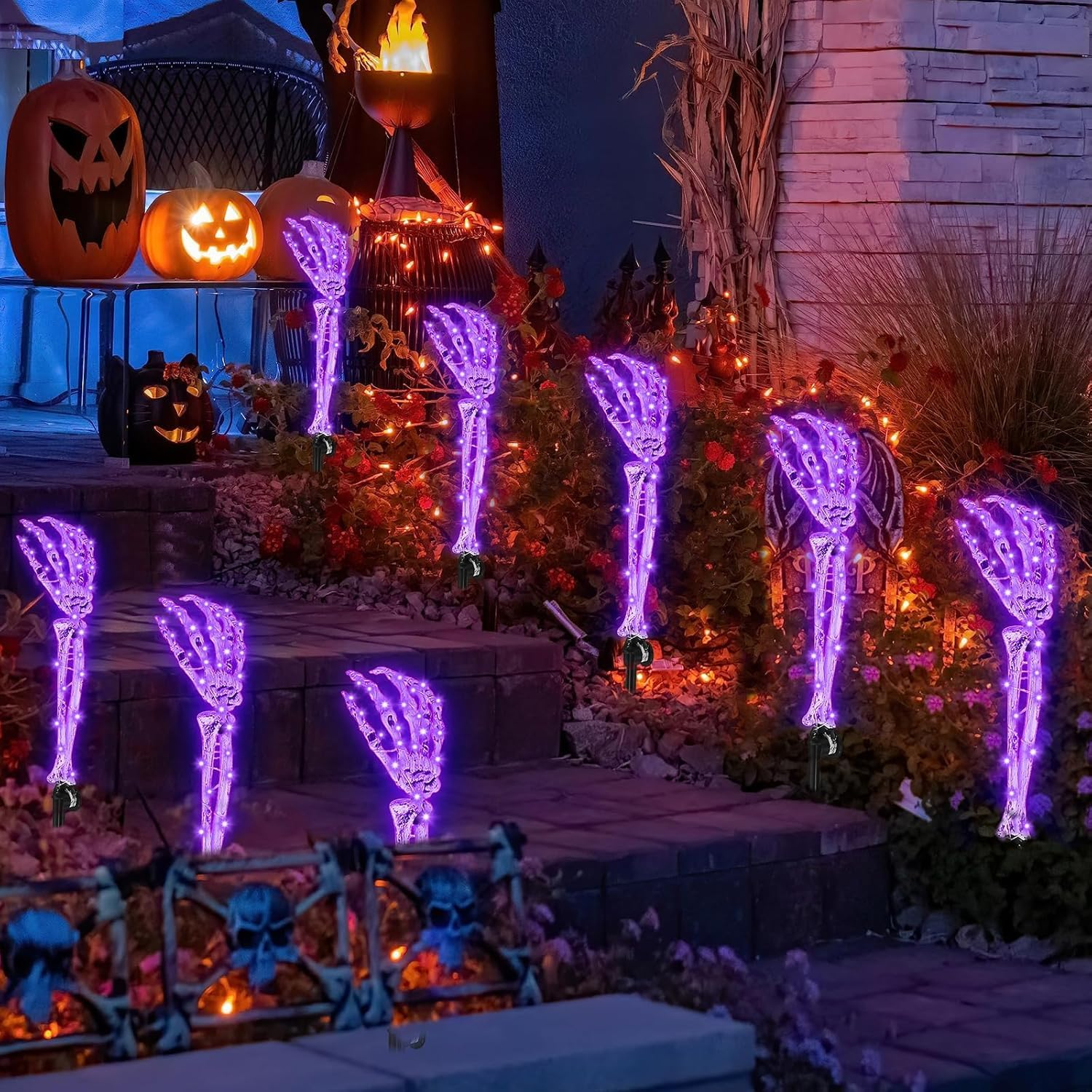 5 Pack Halloween Light Skeleton Decoration, 8 Modes 150LED Purple Garden Lights Skeleton Arm Stakes, Zombie Hand Stake Light,Waterproof, Scary Indoor Outdoor Halloween Party Props Yard Pathway Lights image number 5