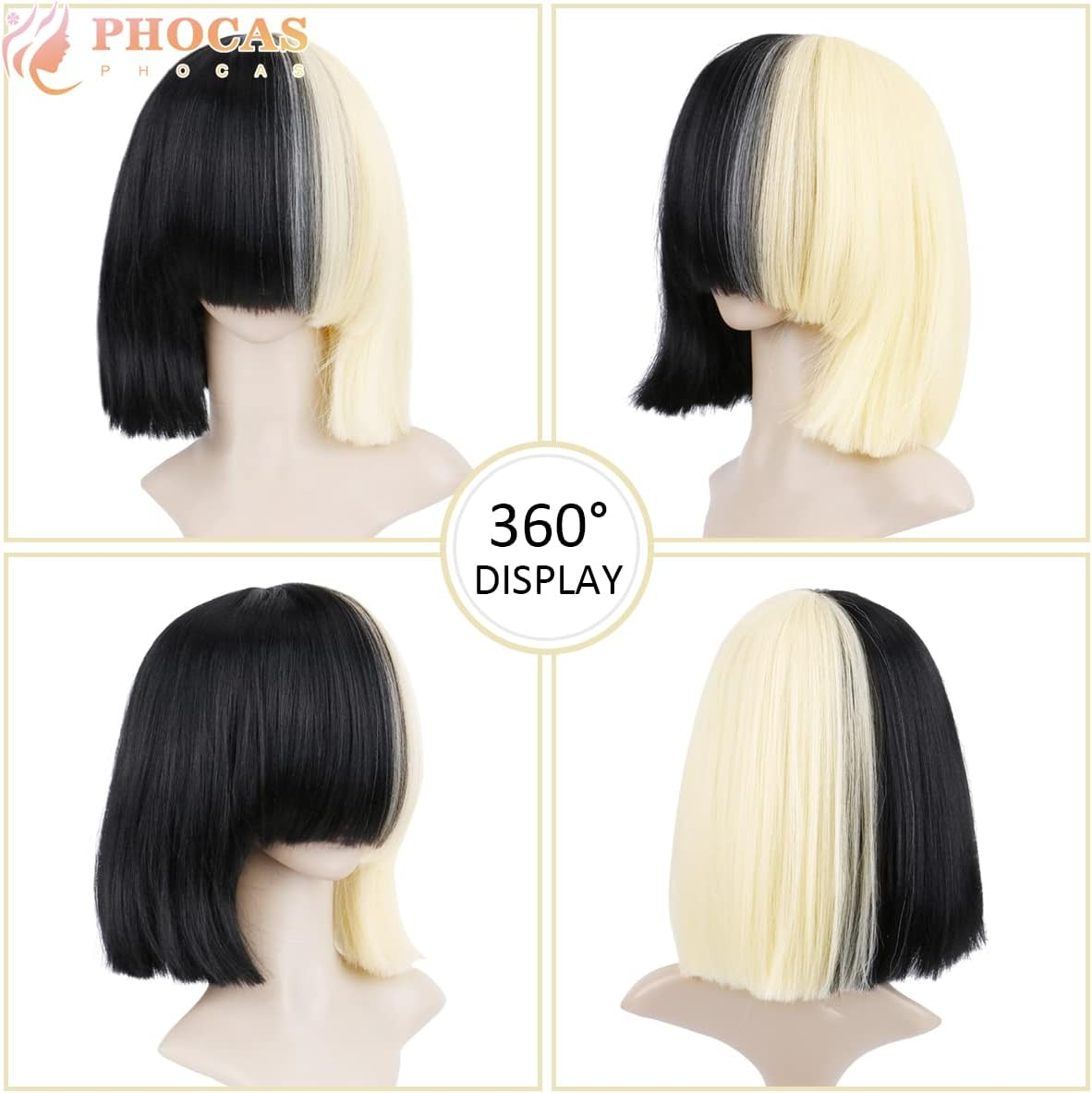 Phocas Hair Half Blonde and Black 2 Tone Hair Short Straight Cosplay Wig for Women image number 6