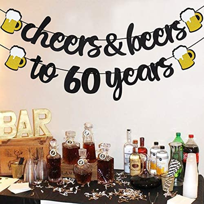 Cheers & Beers to 60 Years Black Glitter Banner for 60Th Birthday Wedding Aniversary Party Supplies Decorations - PRESTRUNG image number 3