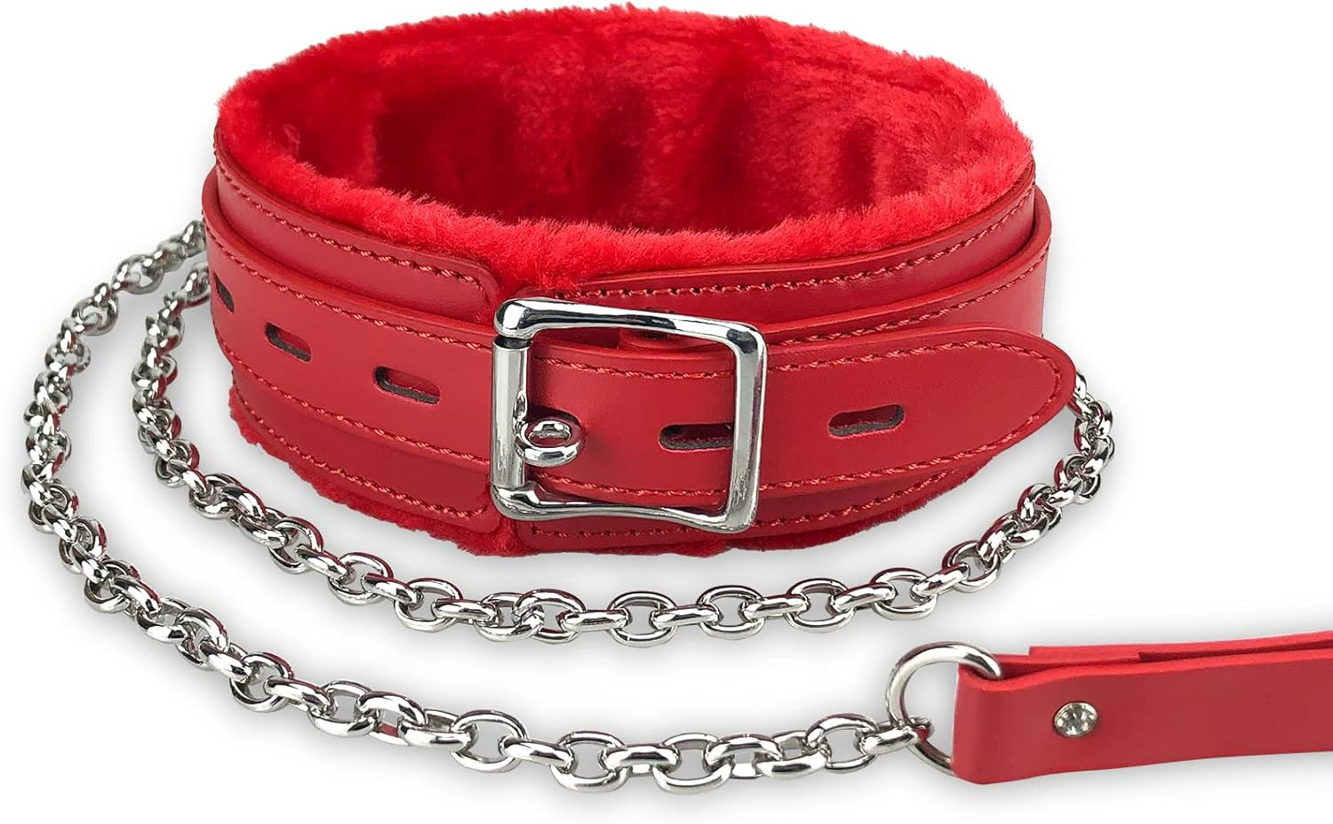 Gothic Leather Choker Collar, PU Leather Fur Lined Collars Necklace with Long and Durable Detachable Leash Chain Pet Collars, Pink