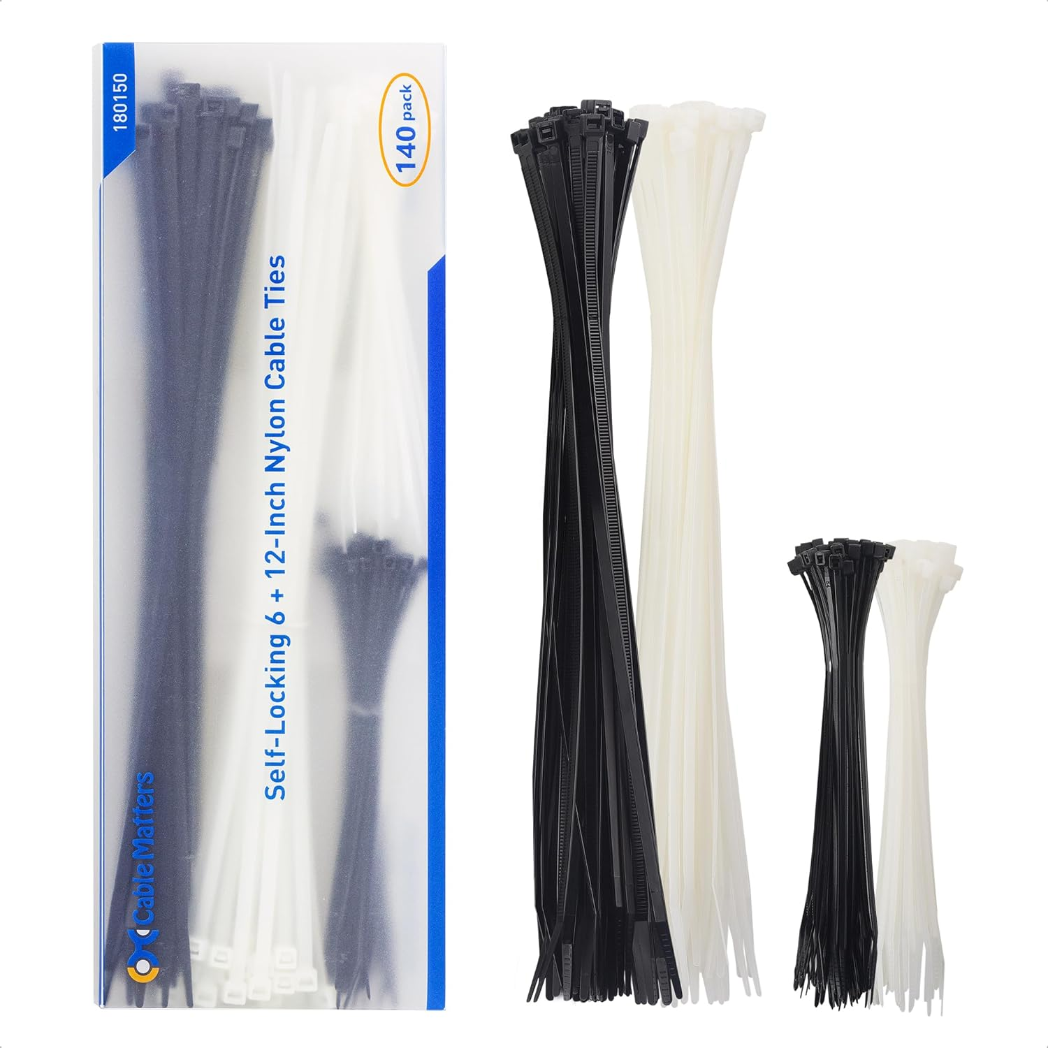 Cable Matters 140-Pack Cable Ties for Indoor and Outdoor, 6, 12-Inch Self-Locking Nylon Zip Ties Assorted Sizes, Wire Ties, Tie Wraps for Multiple Use, Self Locking Zipties in Black and White image number 5