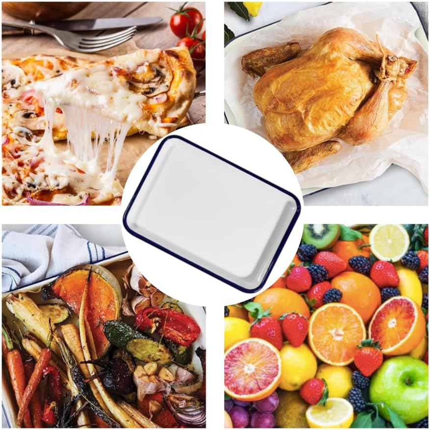 Enamel Oblong Tray,26X18Cm Pie Dish Containers Restaurant Tray Laboratory Tray Baking Tray Rectangular Pie Dish Fruit Vegetable Plate Cake Tray Lasagna Pan Food for Home Kitchen image number 3