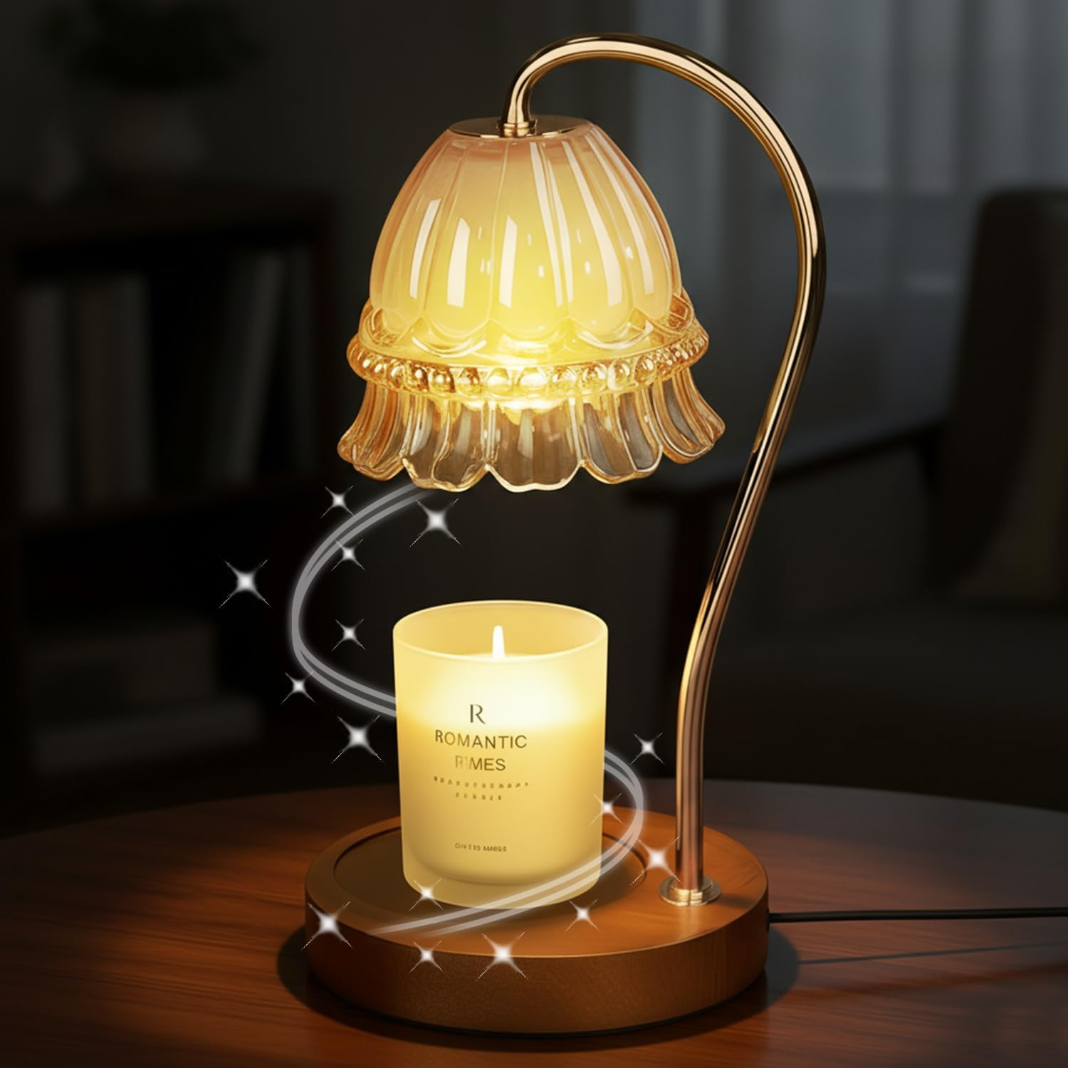 Vintage Candle Warmer - Aromatherapy Lamp with Timer | 4-Level Dimming and Infinite Dimming | Glass Shade | Wooden Base | Includes Two 50W G10 Halogen Bulbs | Elegant Home Decor (Yellow)