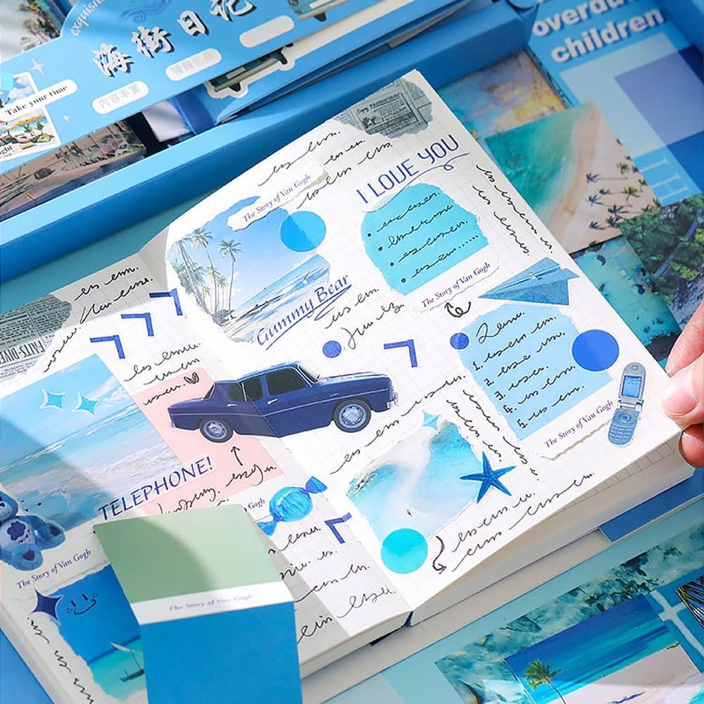 Scrapbook Kit with Scrapbooking Supplies Stickers, Aesthetic Scrapbook Paper, Washi Stickers, Tape, A6 Notebook Art Journaling Kit for Junk Journal DIY for Adults Teens (Sea) image number 1