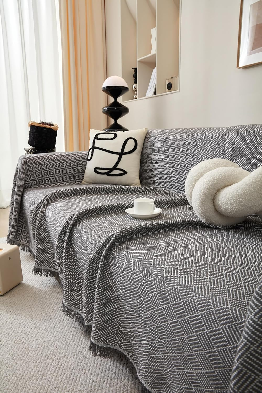 Sofa Cover Blanket, L Shape Sectional Couch Covers Protector (NOT for Dog Cat Pet) Weaved (Grey, 180X380Cm/71X150) image number 3