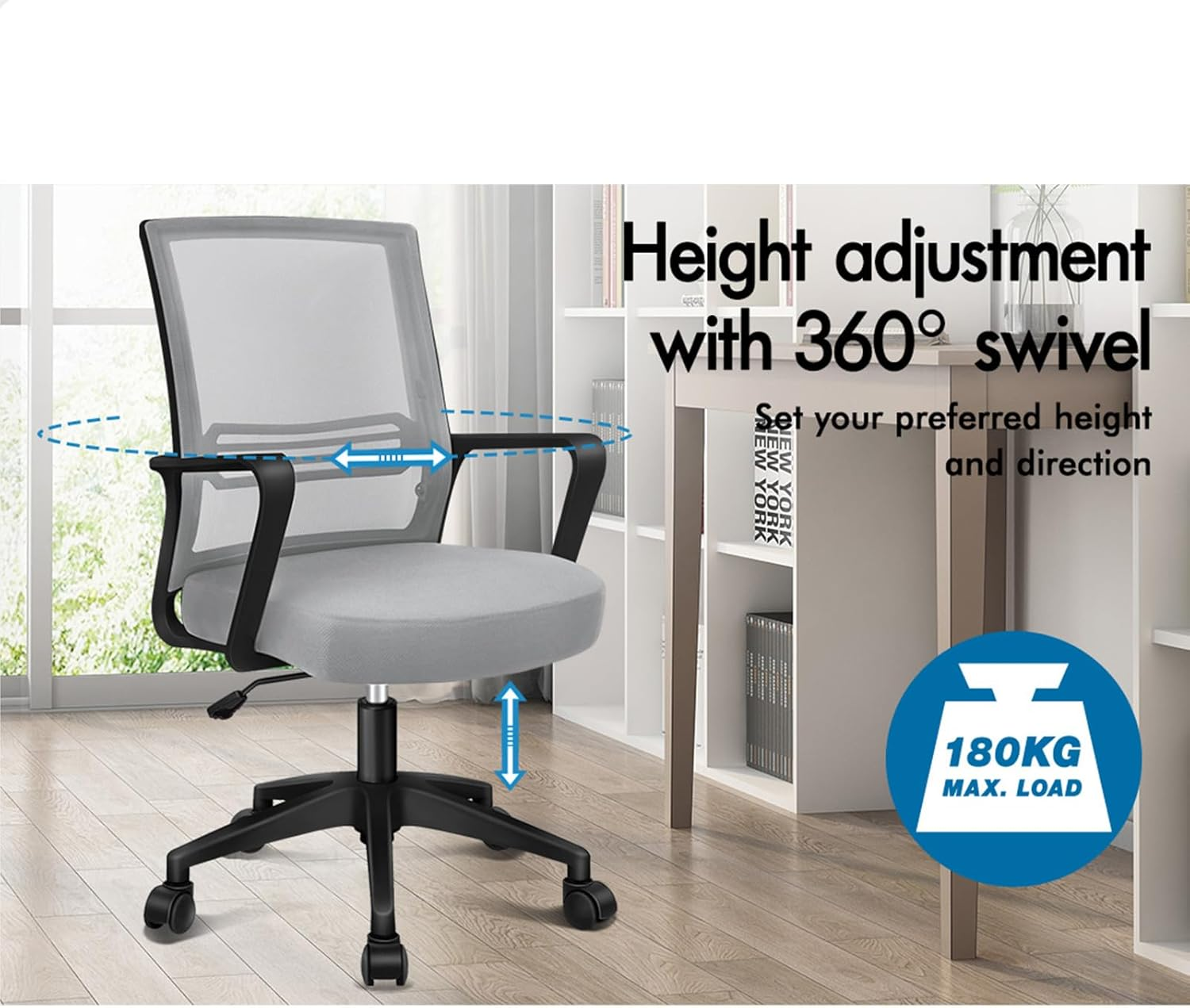 ALFORDSON Mesh Office Chair with Sgs-Approved Gas-Lift, Mid Back Executive Computer Desk Chair, Fabric Seat Gaming Racing Chair, Max 180Kg Loading(Fina Black Grey) - All Black image number 2