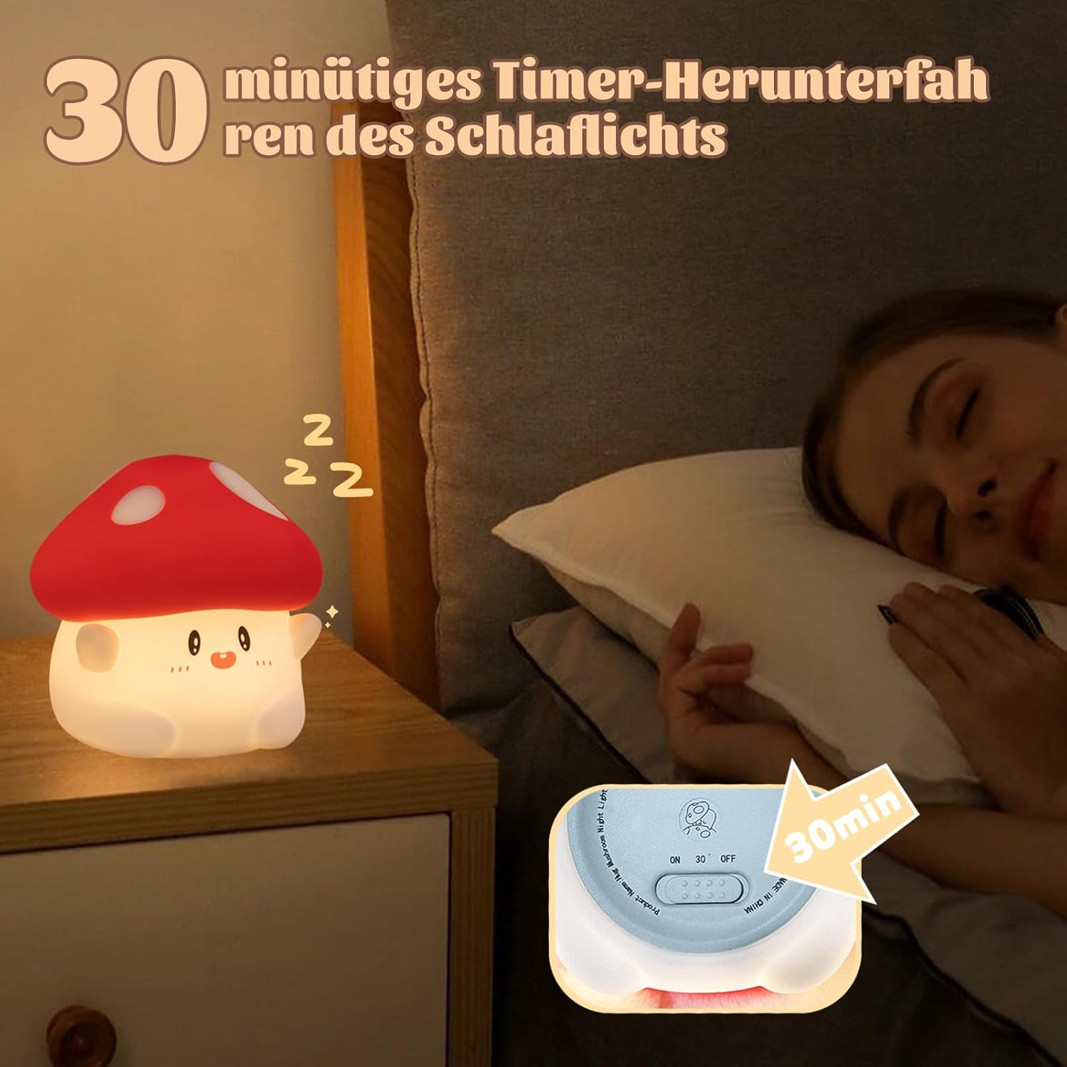 Mushroom Night Light, Cute LED Squishy Night Lamp, 2 Levels Dimmable, Rechargeable, Timer, White Silicone - White image number 6