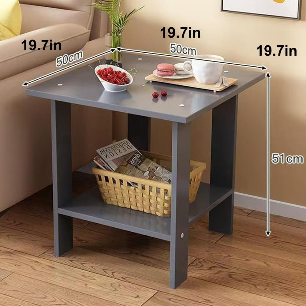 Hbluefat End Table, 19.68In Sofa Side Tea Table, 2-Tier Small Bed Side Table, Wooden Square Low Table for Small Space, Living Room, Bedroom (Grey) - White image number 3