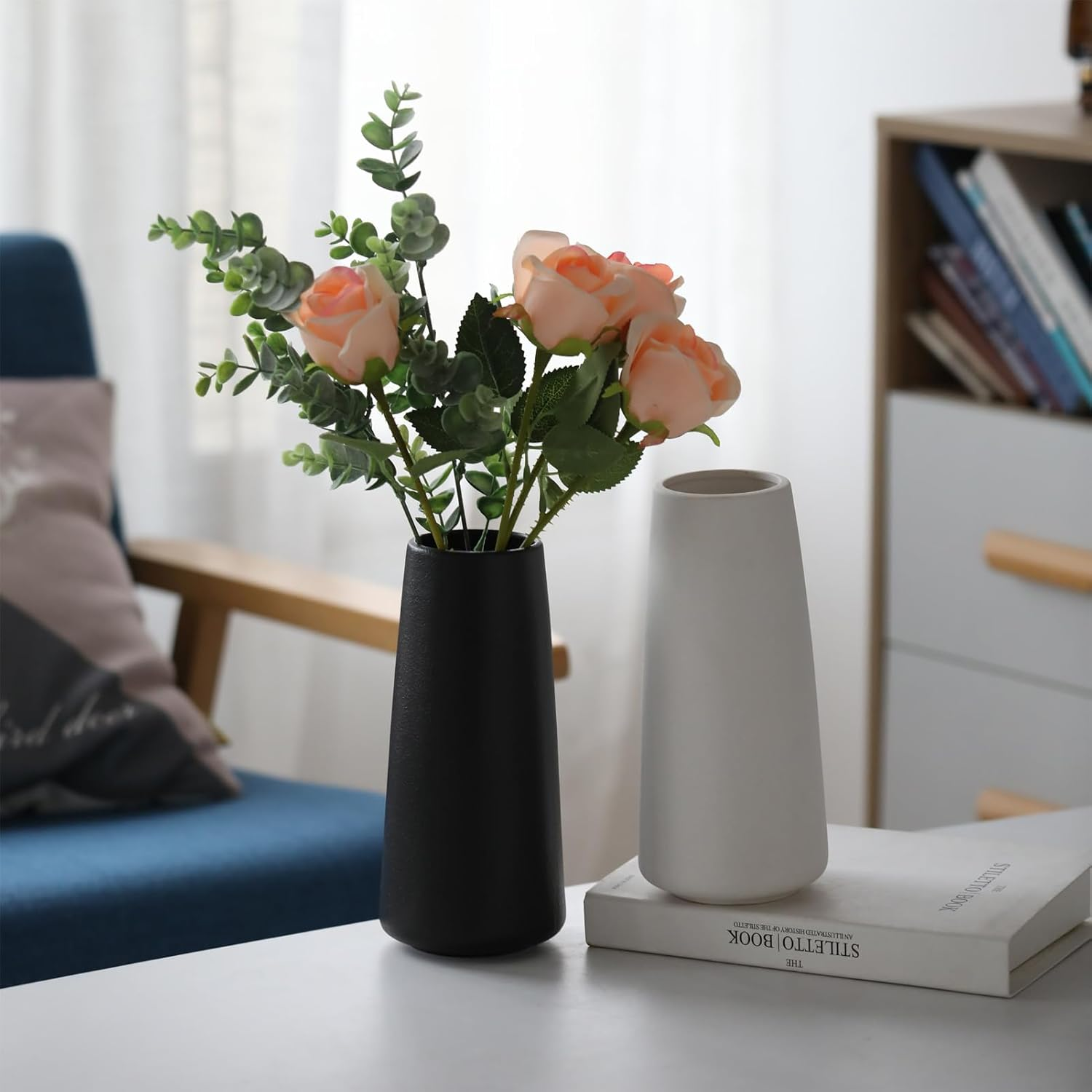 HUBUISH Ceramic Vase - Flower Vase Minimalism Style for Modern Table Shelf Home Decor, Fit for Fireplace Bedroom Kitchen Living Room Centerpieces Office Desk (Solid Black, Super Big)