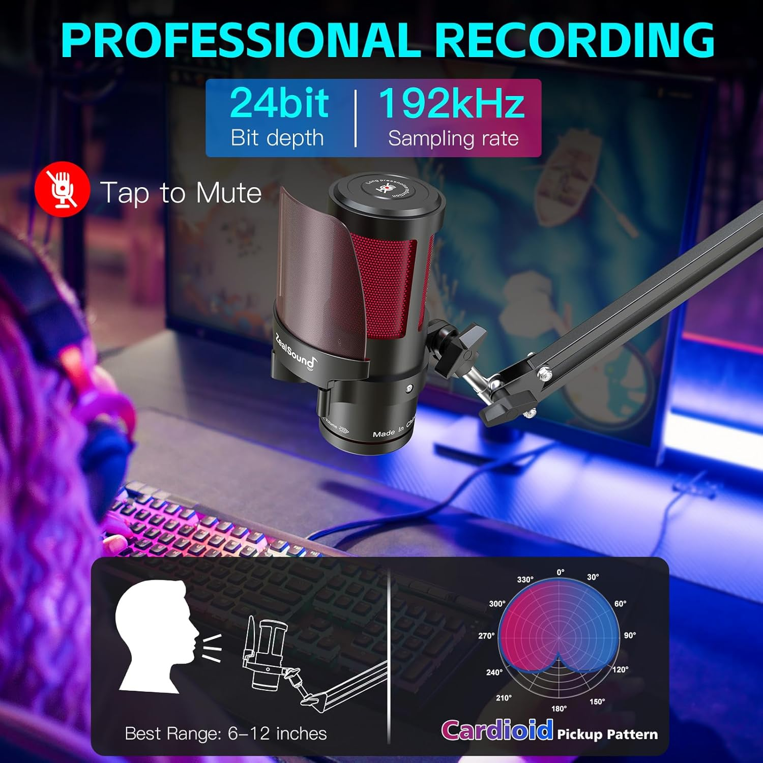 Zealsound USB Microphone for Iphone,Noise Cancellation Gaming Mic with Touch Mute,Gain,Monitoring,Usb Mic Boom Arm for Streaming,Podcast,Twitch,Youtube,Discord,Ipad,Pc,Computer,Ps4,Ps5,Mac,Gamerwave image number 1