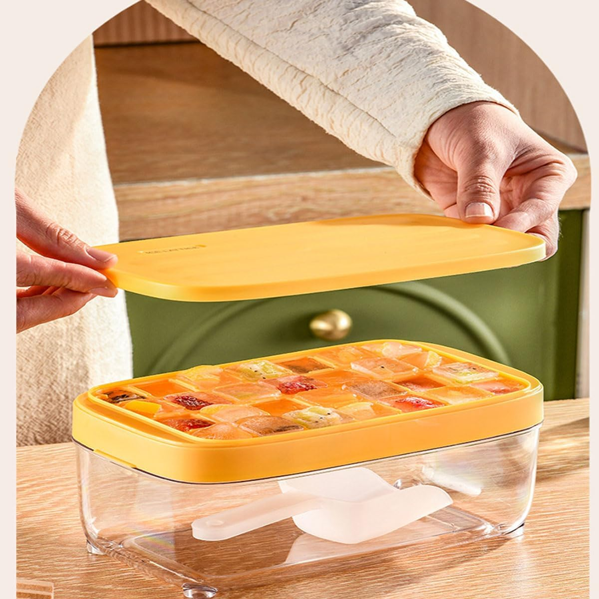 Ice Cube Tray with Lid and Bin, 28 Pcs Ice Trays for Freezer, Food Grade Plastic Ice Cube Mold, Easy Release & Stackable Ice Contrainer with Ice Scoop, for Drinks, Cocktail and Food Fresh (Blue) image number 5