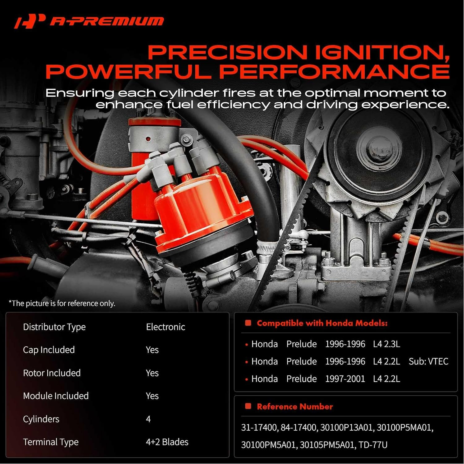 A-Premium Ignition Distributor with Cap and Rotor Compatible with Honda Prelude 1996-2001, 2.2L 2.3L image number 1