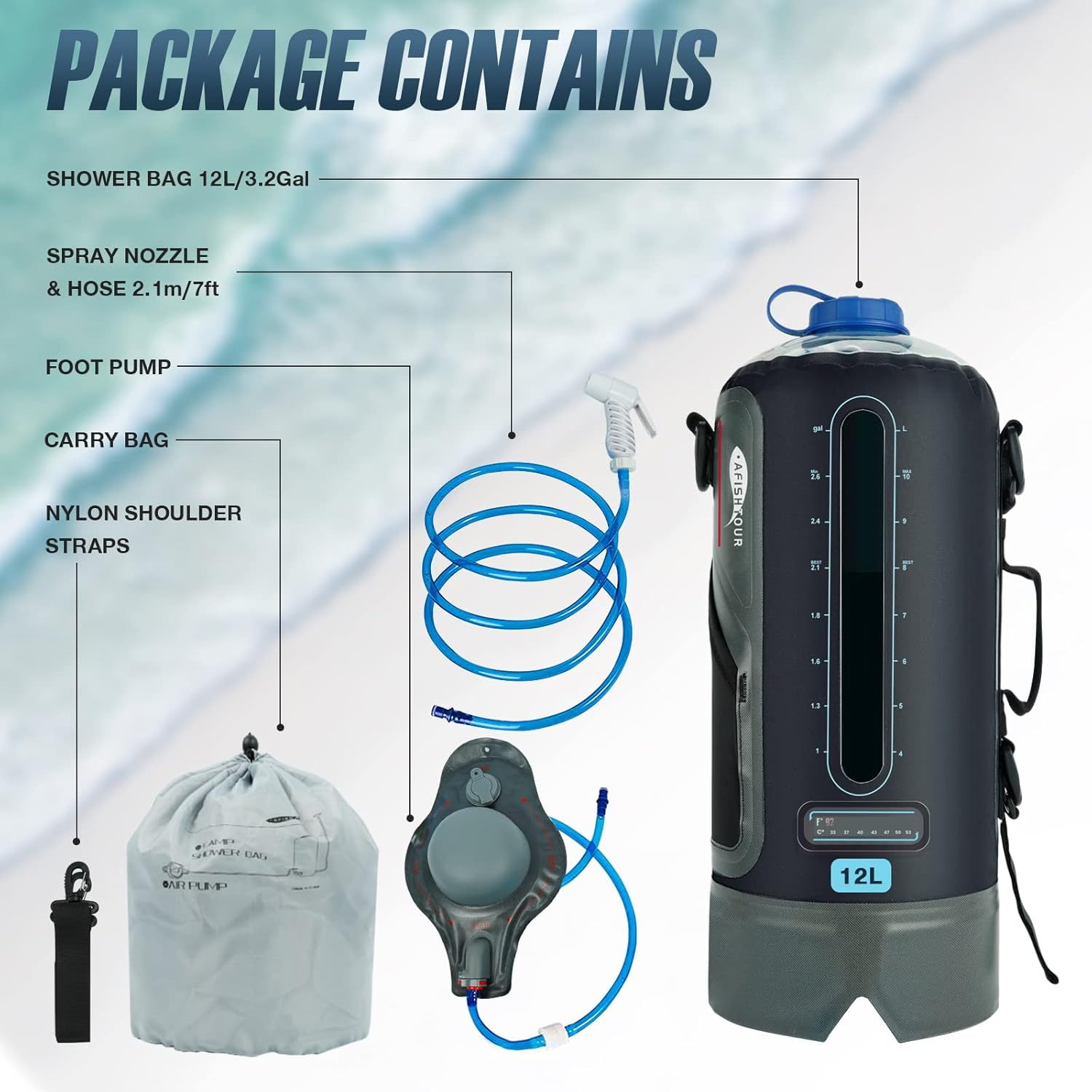 Portable Camping Shower Bag, Camping Accessories for Camping Shower, 12L/3.17 Gallons Solar Waterproof Portable outside Shower Bag with Portable Water Pump and Shower Head Hose image number 3