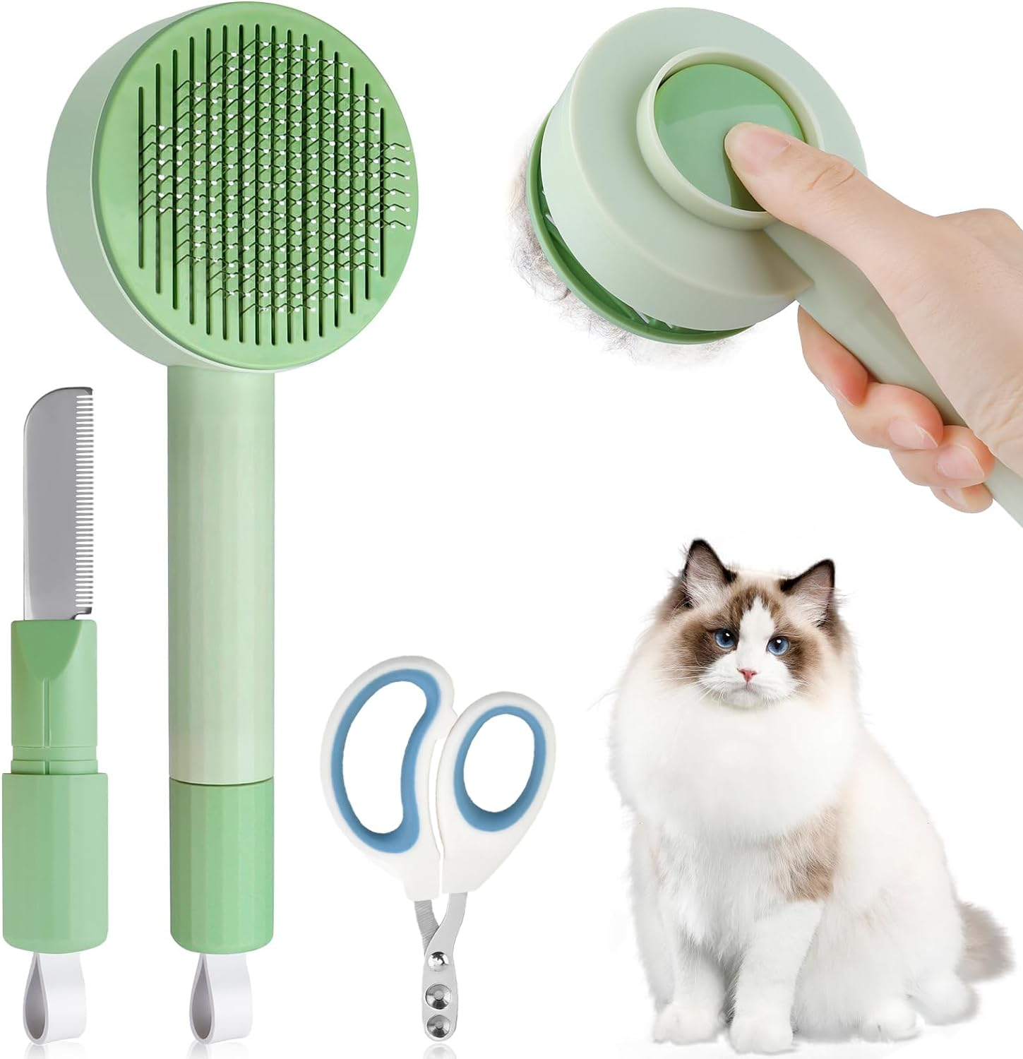 Cat Brush for Shedding with Pet Nail Clippers, 3 in 1 Cat Grooming Brush Set, Self Cleaning Cat Grooming Shedding Brush Suitable for Long & Short Haired Cats Dogs (With Pet Nail Clippers)