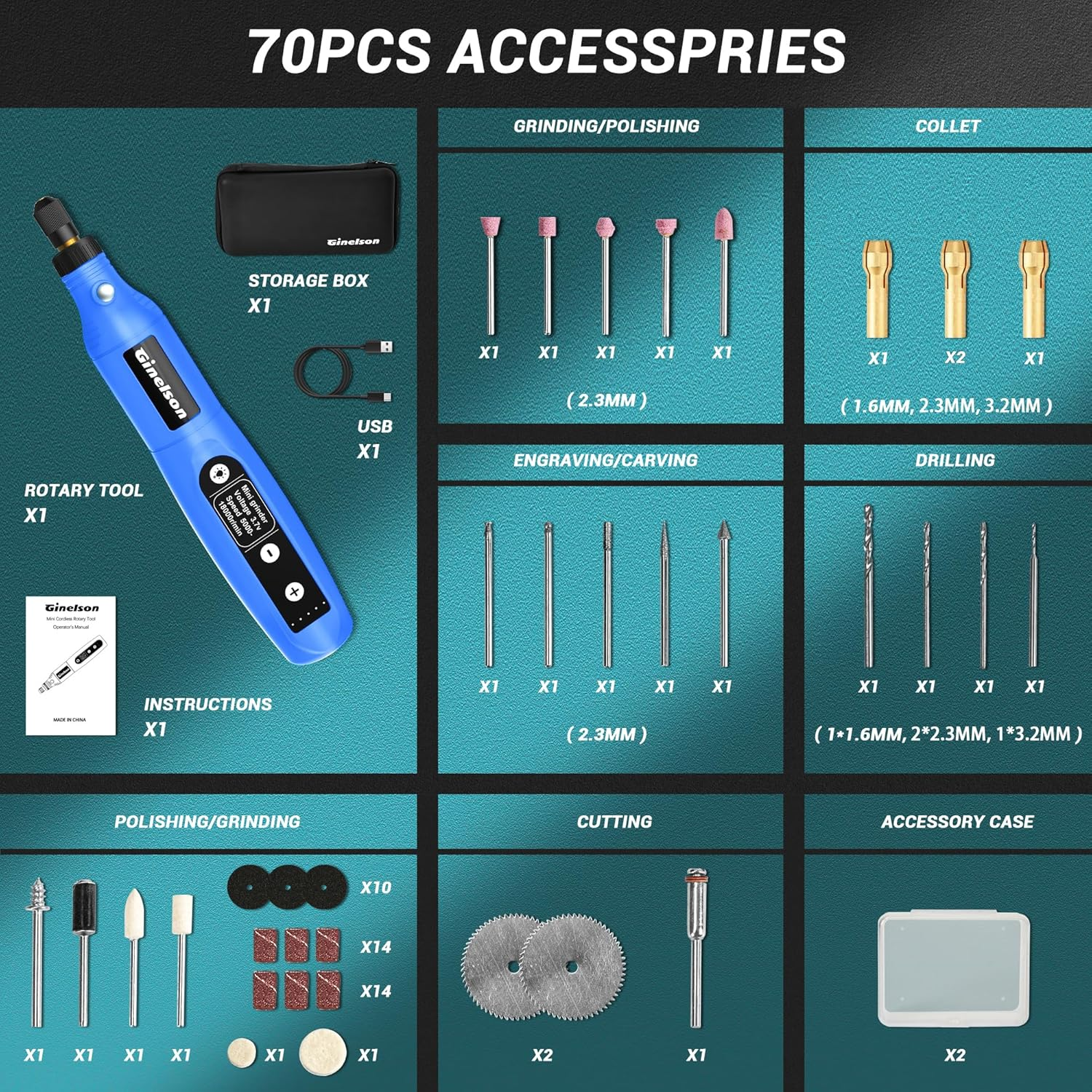 Cordless Rotary Tool, 5 Variable Speed Mini Rotary Tool Kit with 70 Accessories, 3.7V Type-C Charging Power Rotary Tool for Engraving, Sanding, Polishing, Carving, Cutting, DIY Crafts image number 6