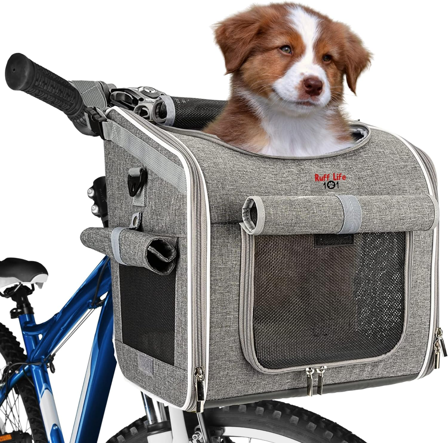 Dog Bike Basket, Expandable Soft-Sided Reflective Pet Carrier Backpack with 4 Open Doors, 4 Mesh Windows for Medium Small Dog Cat Puppies (Grey) image number 4