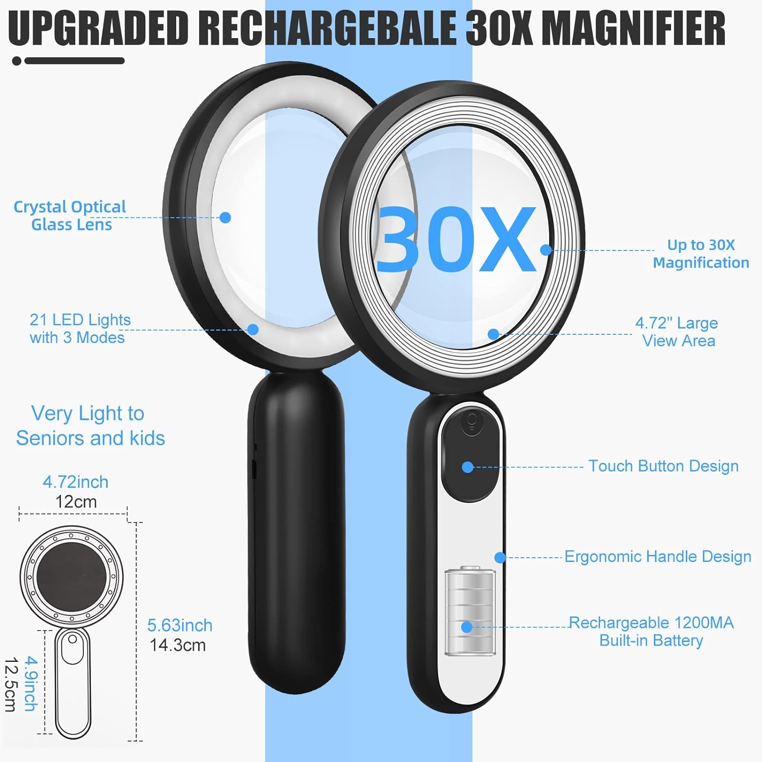 Rechargeable Magnifying Glass with Light, 30X 4.7IN Handheld Large Lightweight Lighted Magnify Lens 21 LED 3 Modes Illuminated Book Magnifier for Kids,Seniors,Reading,Inspection,Coin,Jewelry image number 5