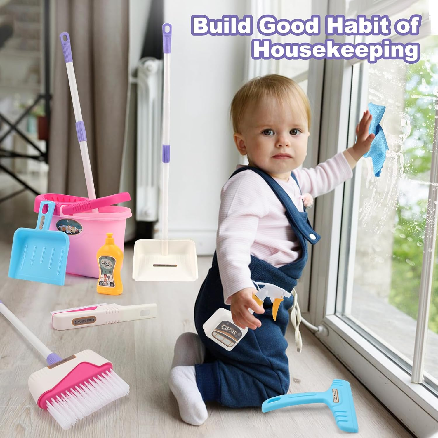 Coolplay Kids Cleaning Set for Toddlers Pretend Play Broom Set, 12Pcs Mop and Cleaning Toys Set Pretend Playset Detachable Broom Mop Dustpan Pink Toy for Girls image number 2