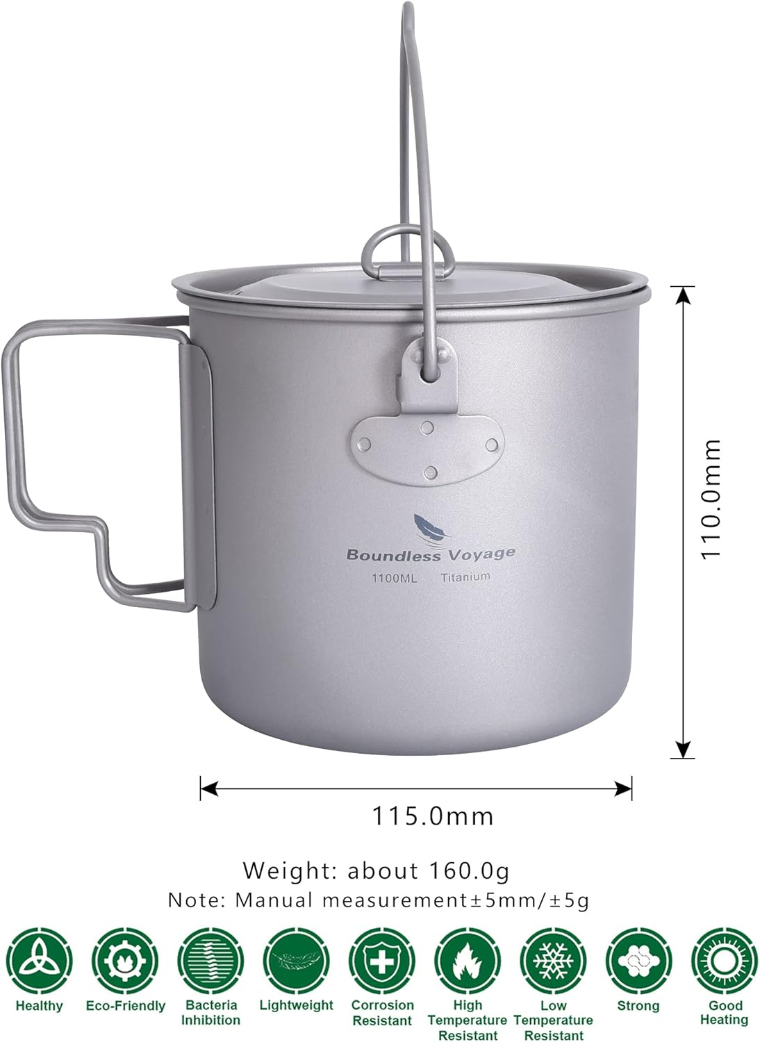 Boundless Voyage Titanium Pot Cup Mug with Lid Storage Bag Pot Set Collapsible Folding Handle Camping Hiking Picnic Ultralight Portable Tableware Cookware Drinkware Big Capacity (Ti15109B 1100Ml) image number 4